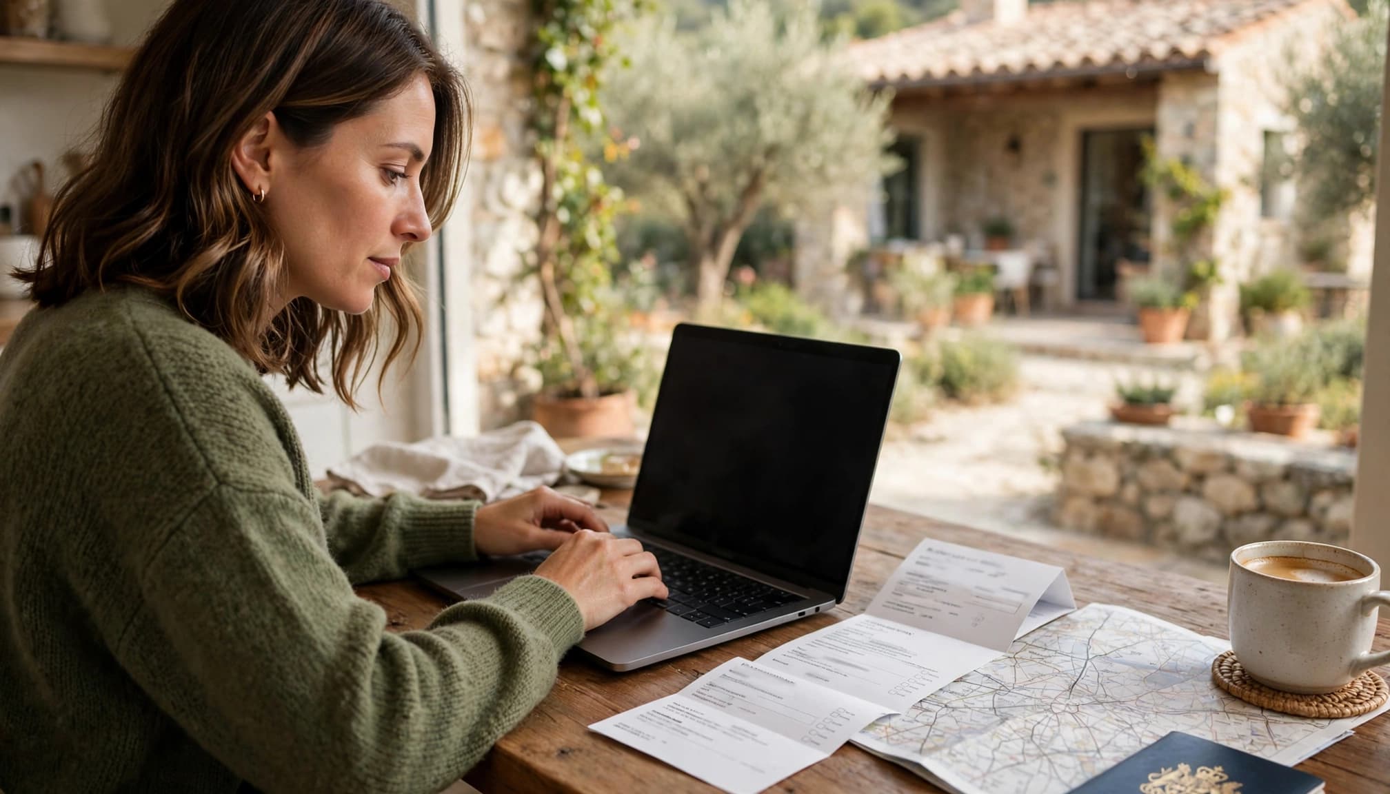 A traveller checks a villa booking on a laptop beside travel documents and coffee.