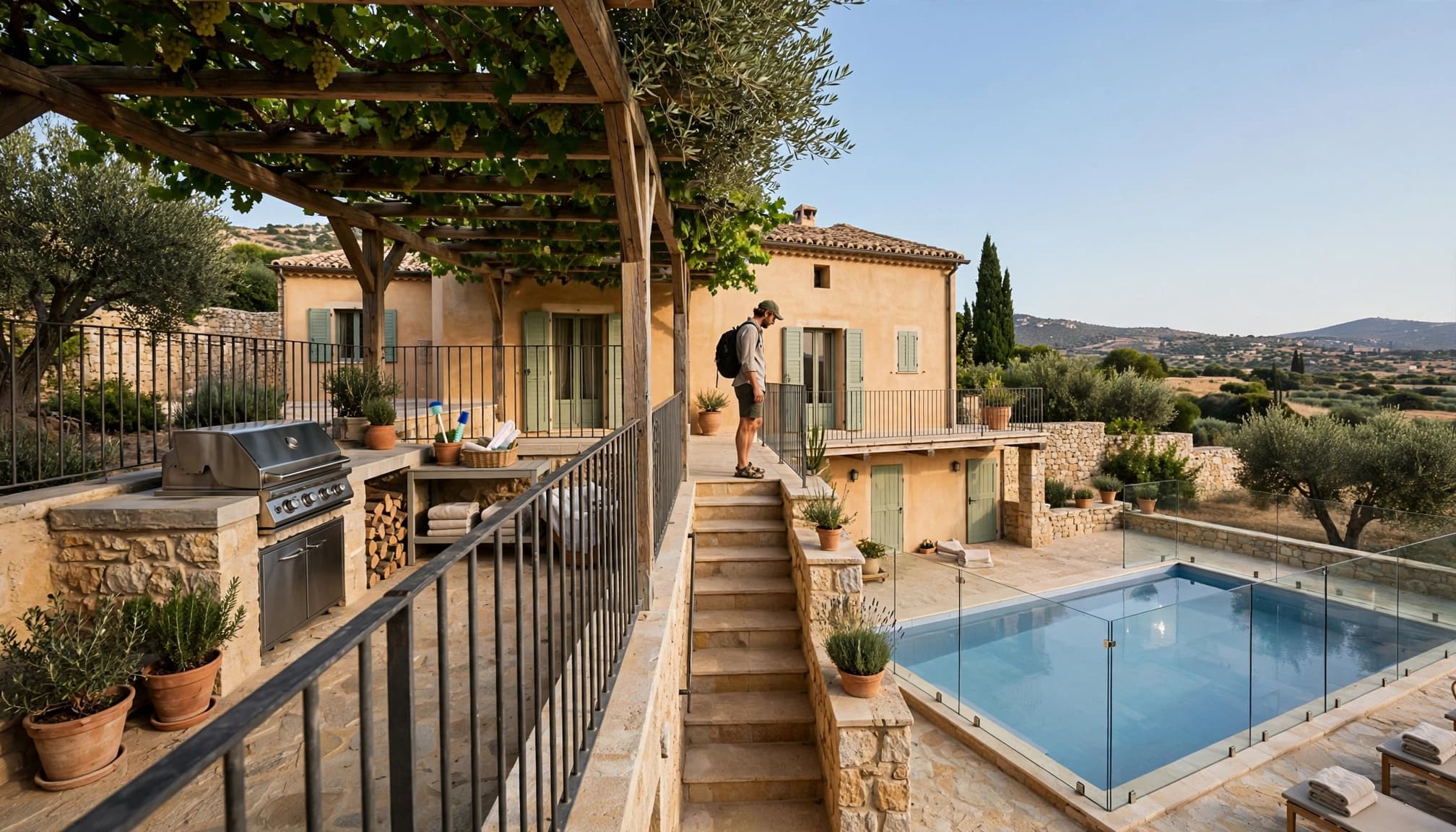 A traveller checks a fenced pool and safe terrace at a Mediterranean villa.