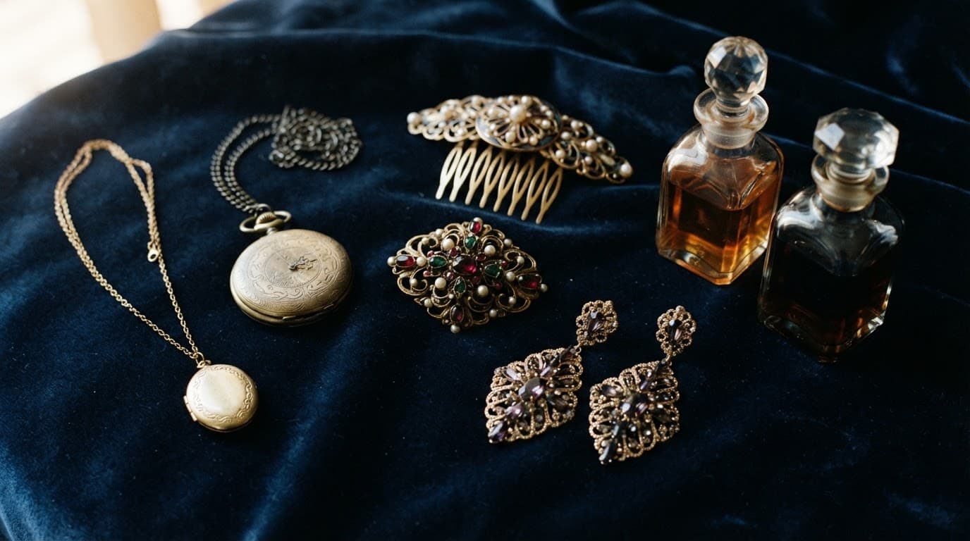 Vintage jewellery, a pocket watch, hair accessory, and fragrance bottles on dark velvet.
