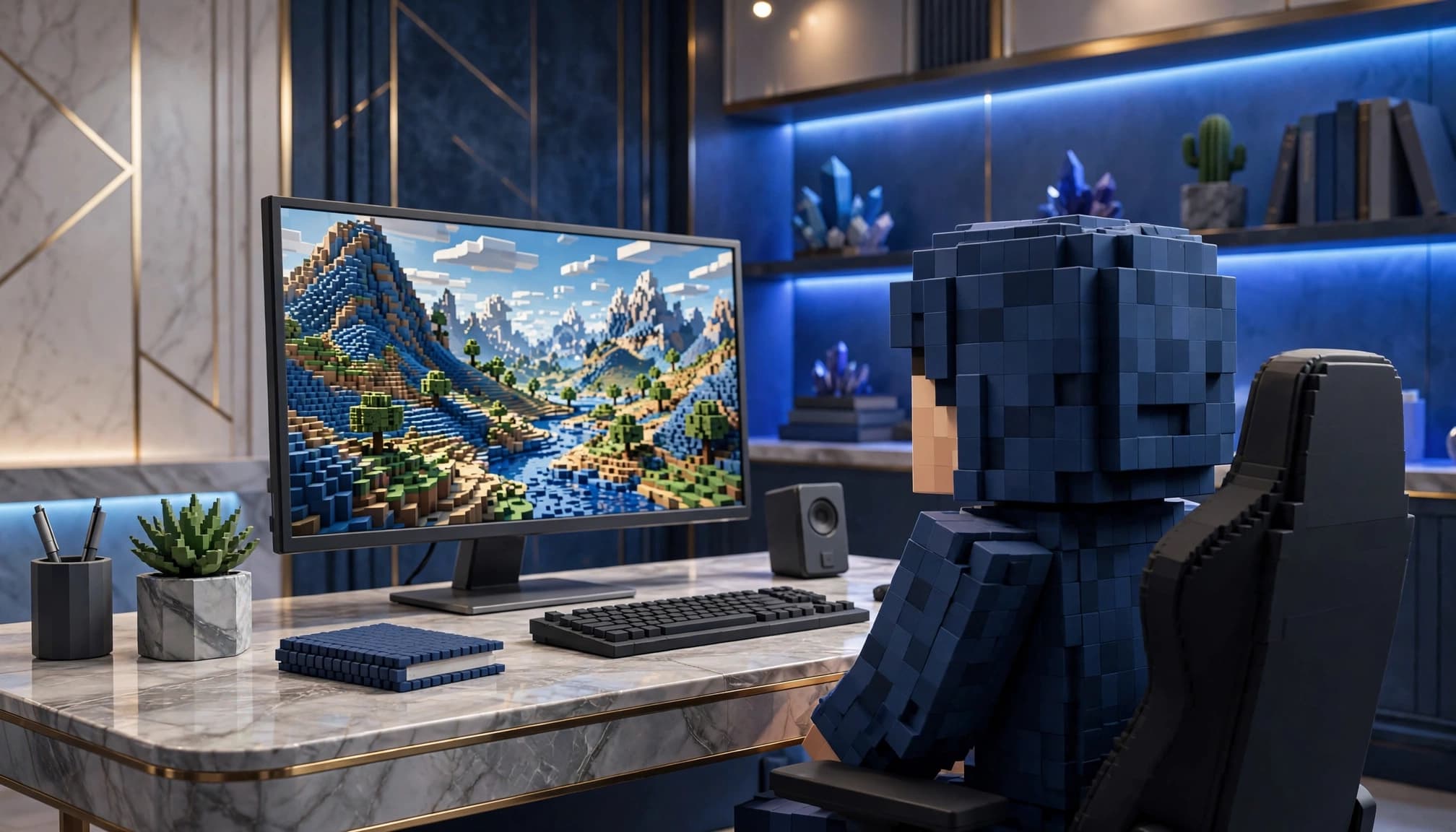 A block-built character views a voxel landscape on a blue-lit gaming room monitor.