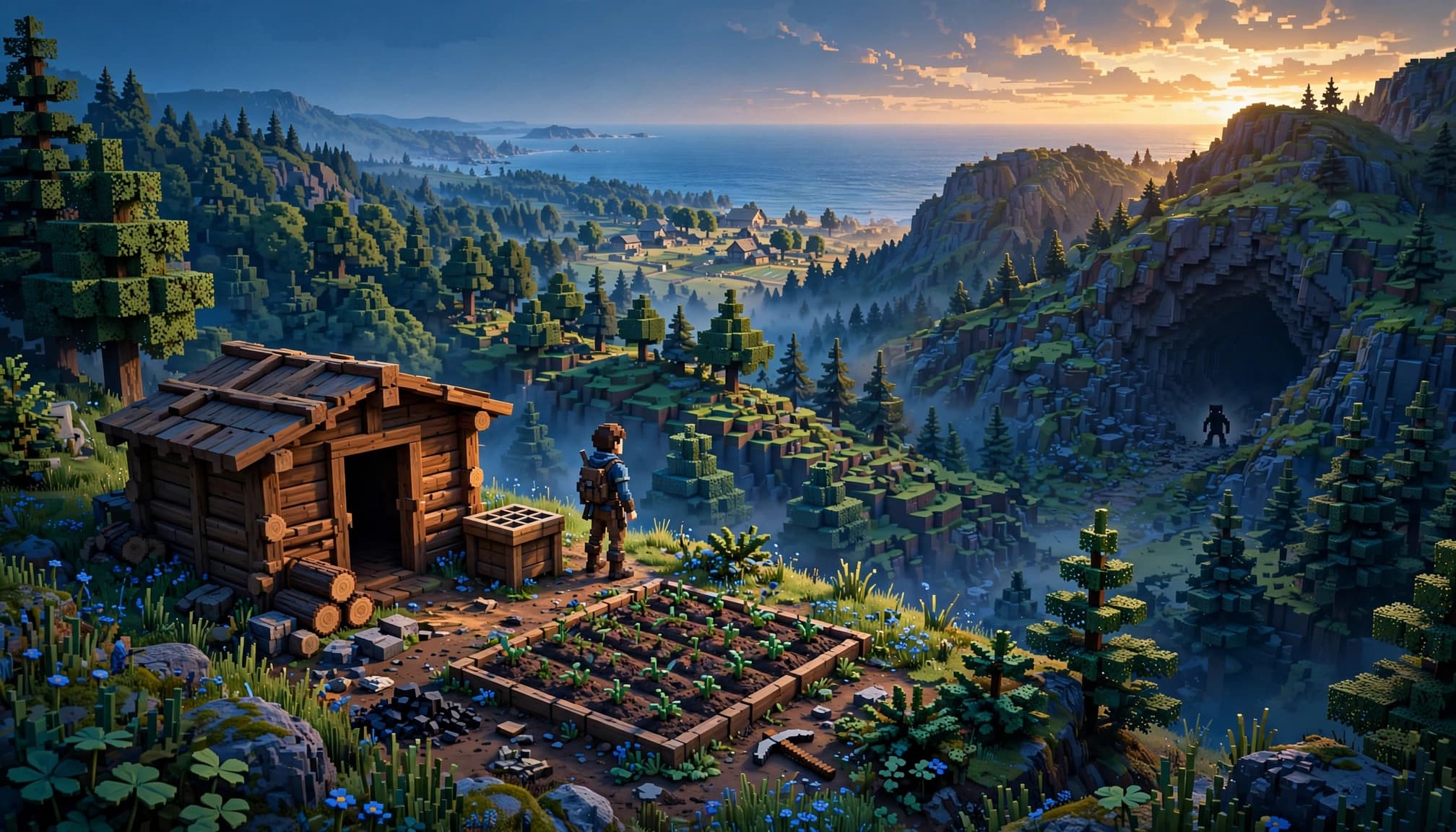 A lone adventurer stands beside a shelter, crops, crafting table, and distant mountains at dusk.