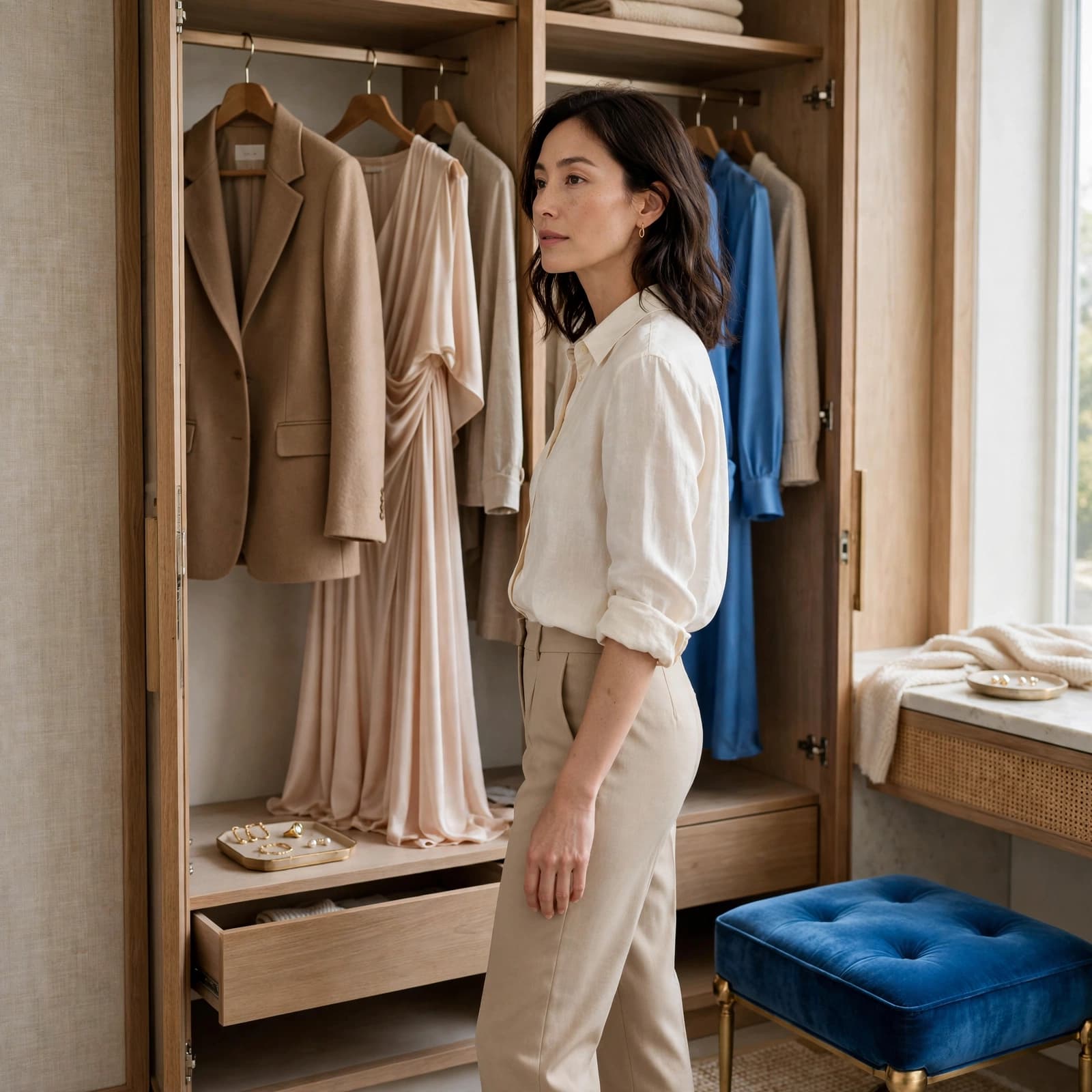 A woman choosing between a jacket and dress beside an open wardrobe.