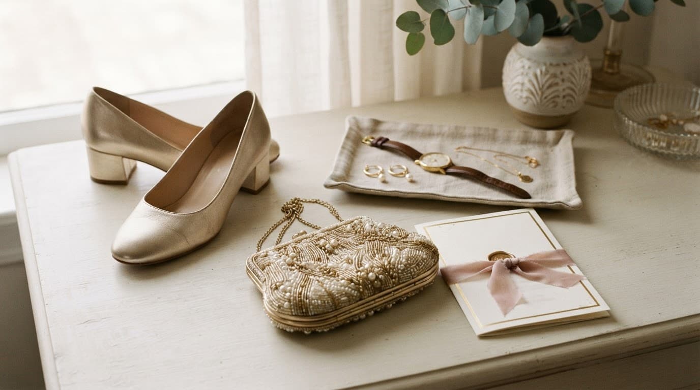 Wedding guest outfit accessories arranged on a neutral dressing table.