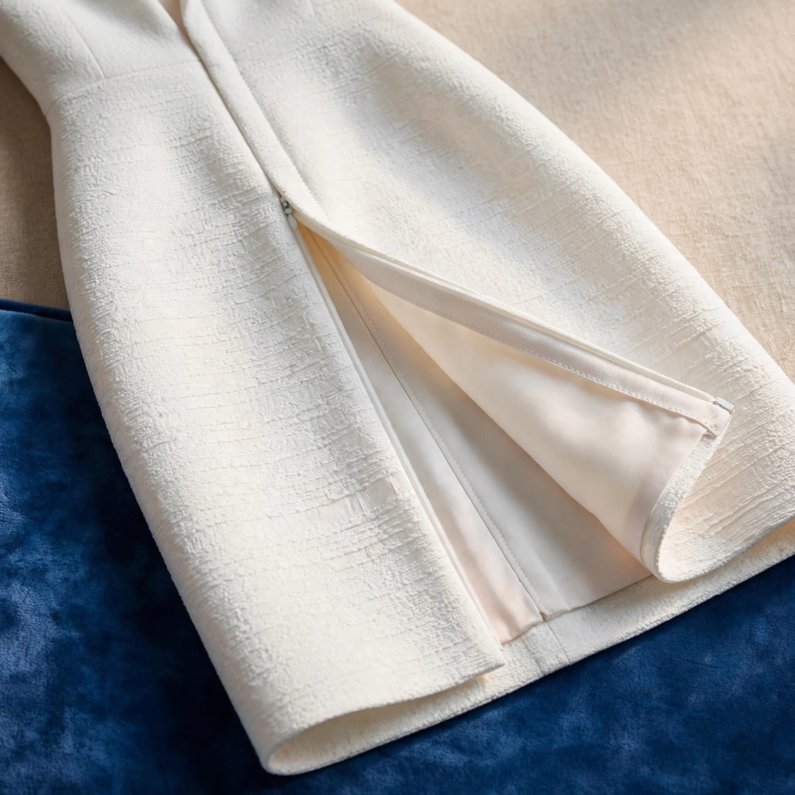 Close-up of a white cocktail dress showing neat seams, a hidden zip, and pale lining.