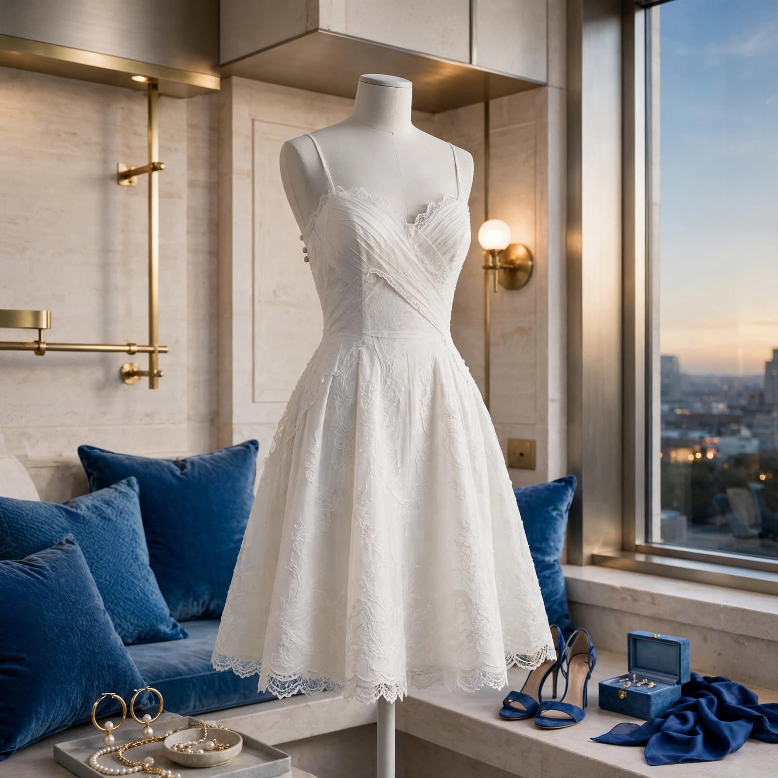 White cocktail dress displayed on a form in a bright dressing room with blue accents.