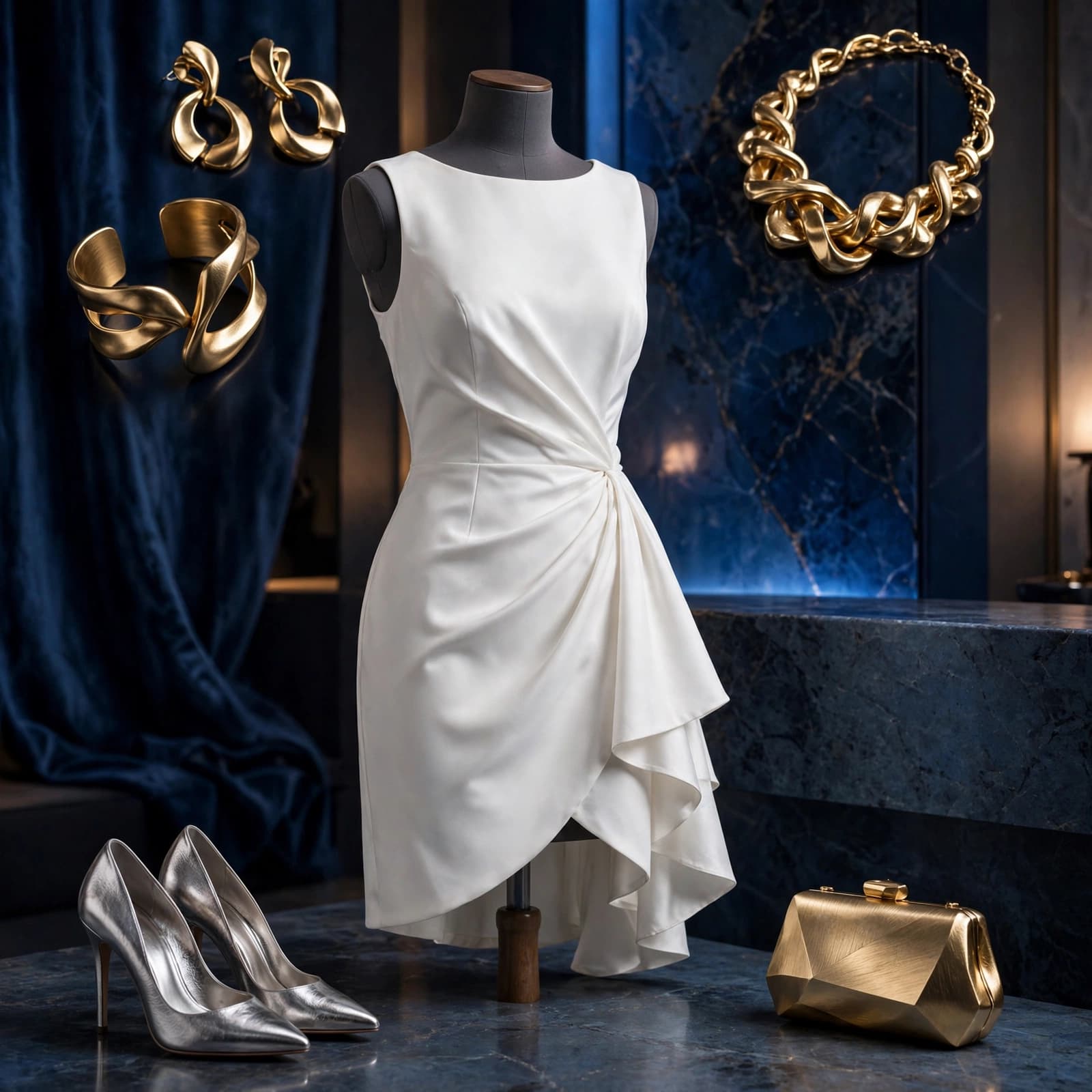 White cocktail dress styled with metallic heels, a clutch, and bold jewellery.
