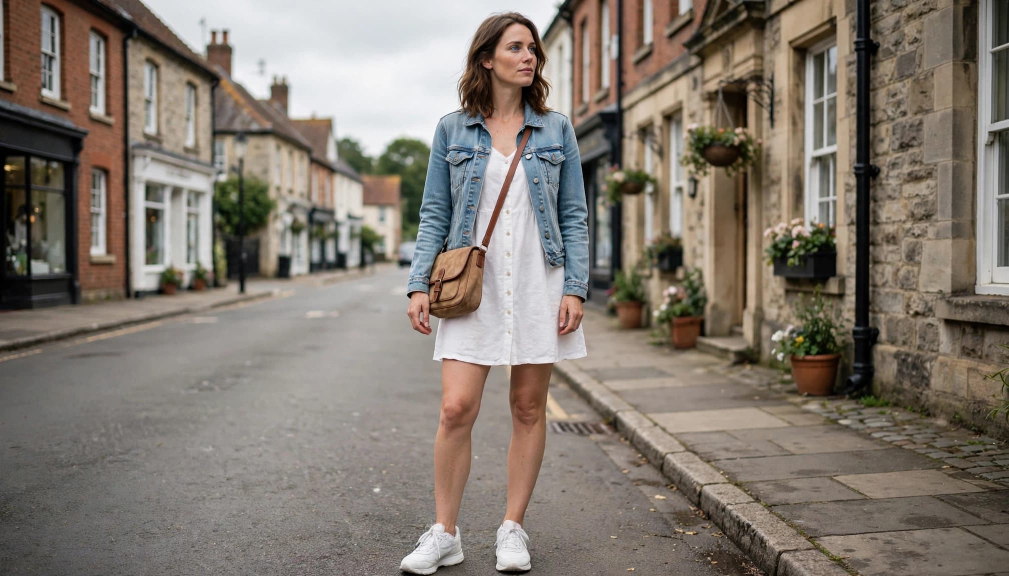 Woman in a white mini dress, trainers, denim jacket, and tan bag on a town street.