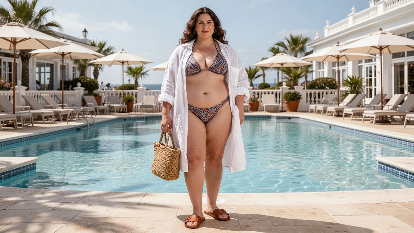 Thong Bikini Buyers Guide: Fit, Fabric and Value 3 Woman in a patterned bikini and white linen shirt beside a sunny pool terrace.
