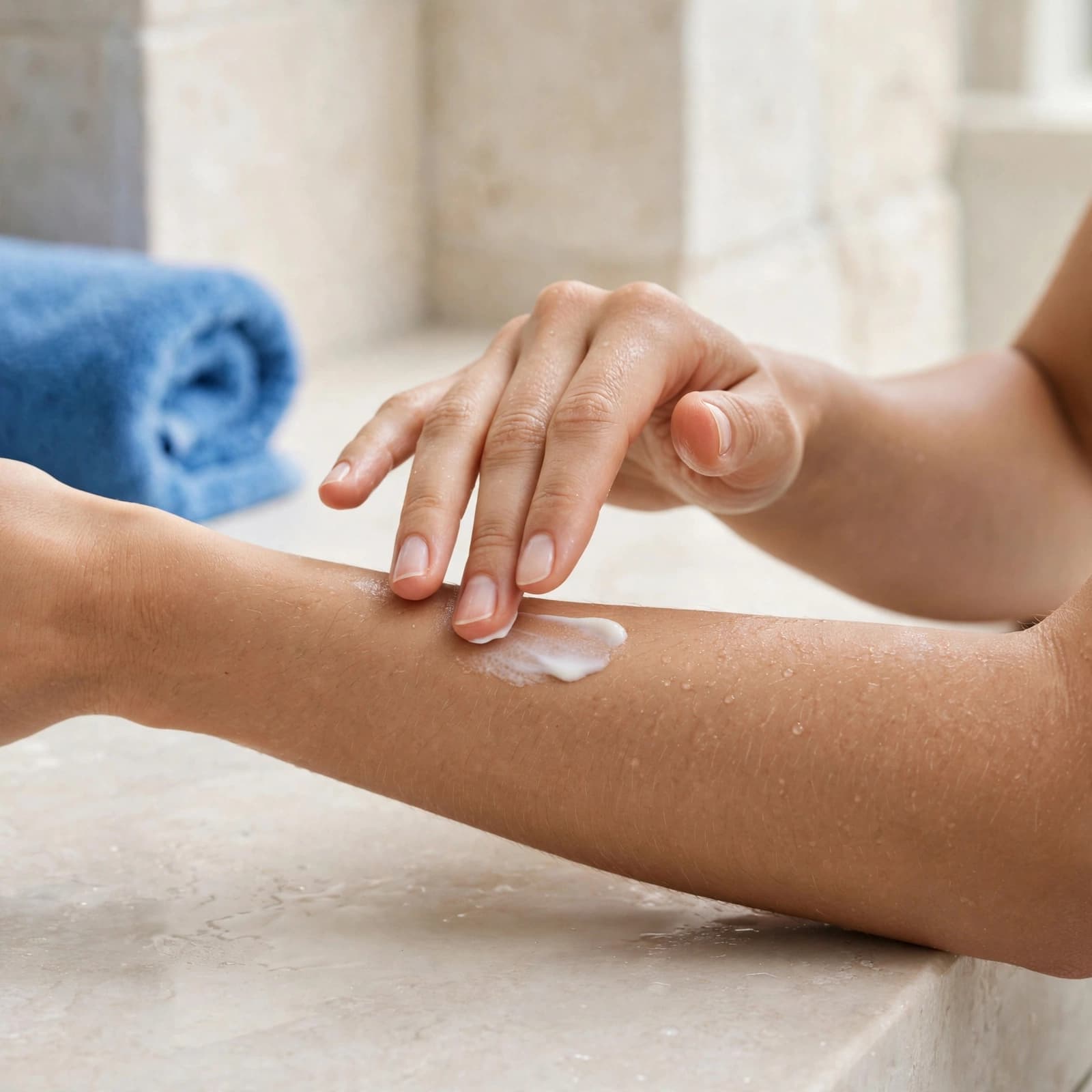 A woman gently applies moisturiser to her forearm in a pale stone bathroom.