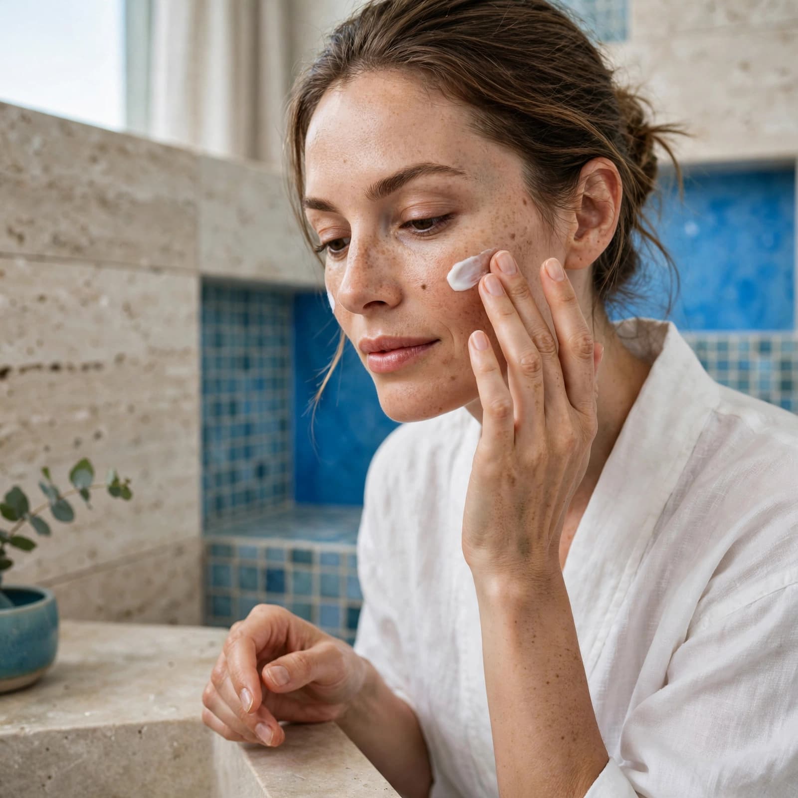A woman applies cream to her cheek in a bright bathroom.