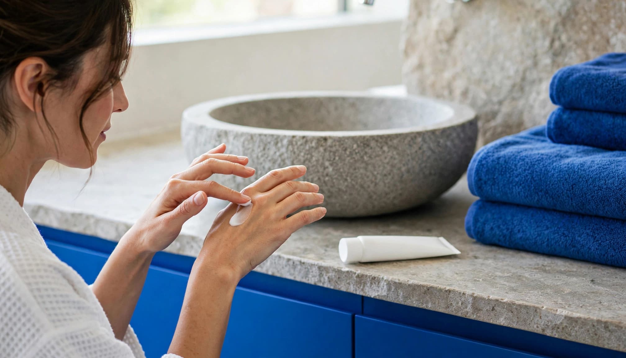 Woman applying moisturiser beside a stone basin in a bright blue-accented bathroom.