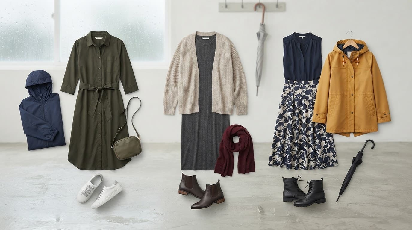 Three women's rainy-weather outfits arranged side by side in a neutral studio.