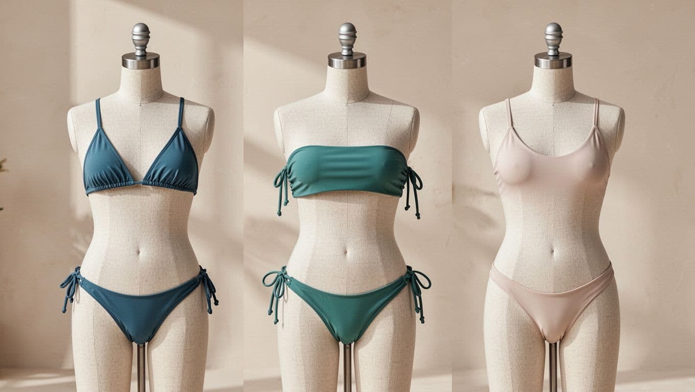 Micro Bikini Buyers Guide: Fit, Fabric and Confident Choices 1 Three mannequins show a triangle bikini, bandeau bikini, and high-cut brief side by side.