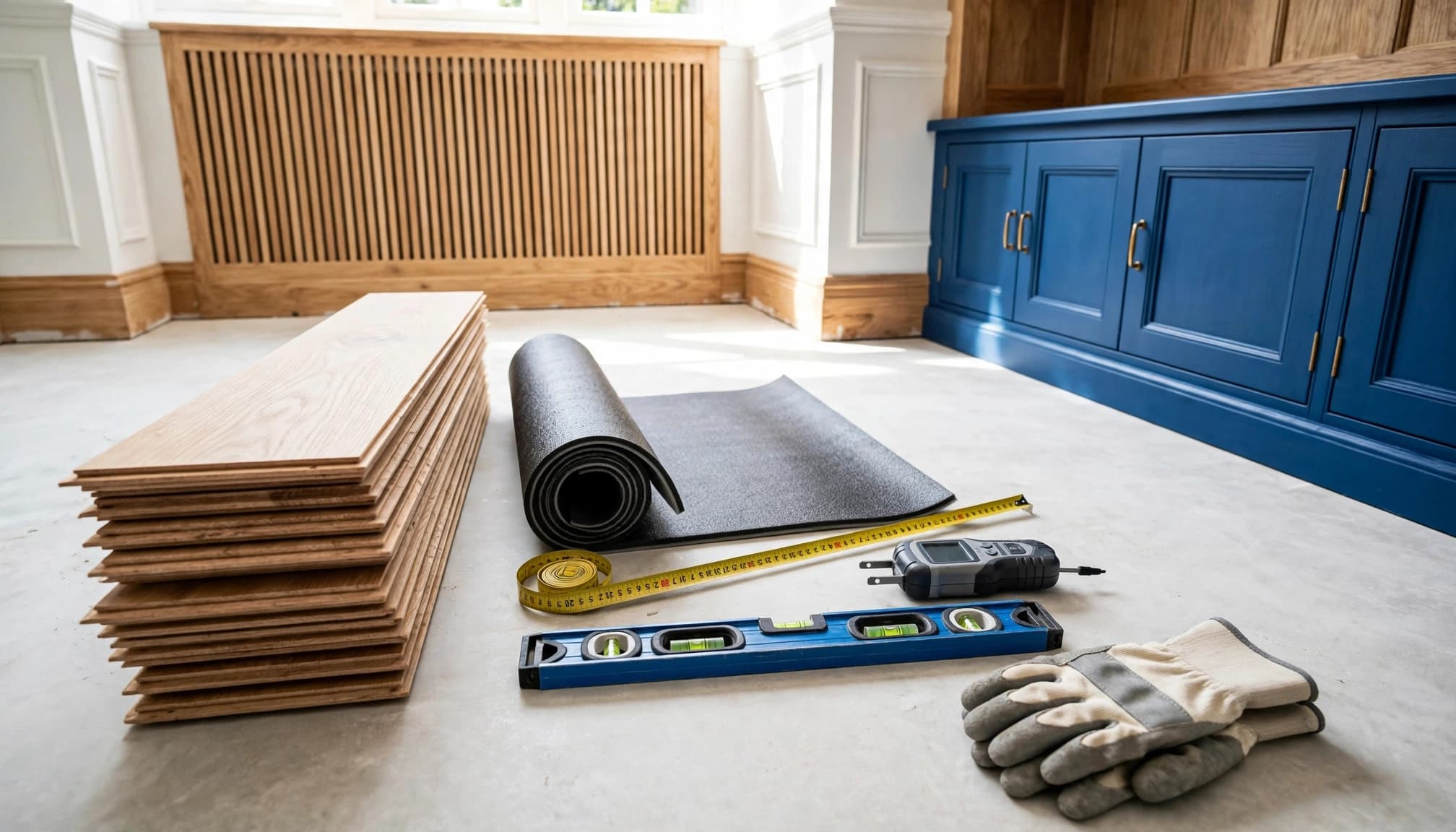 Flooring tools, timber boards, underlay, and gloves arranged on a clean subfloor.