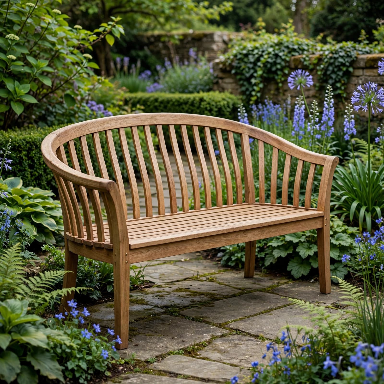 A curved wooden bench beside a stone path among leafy plants and blue flowers.