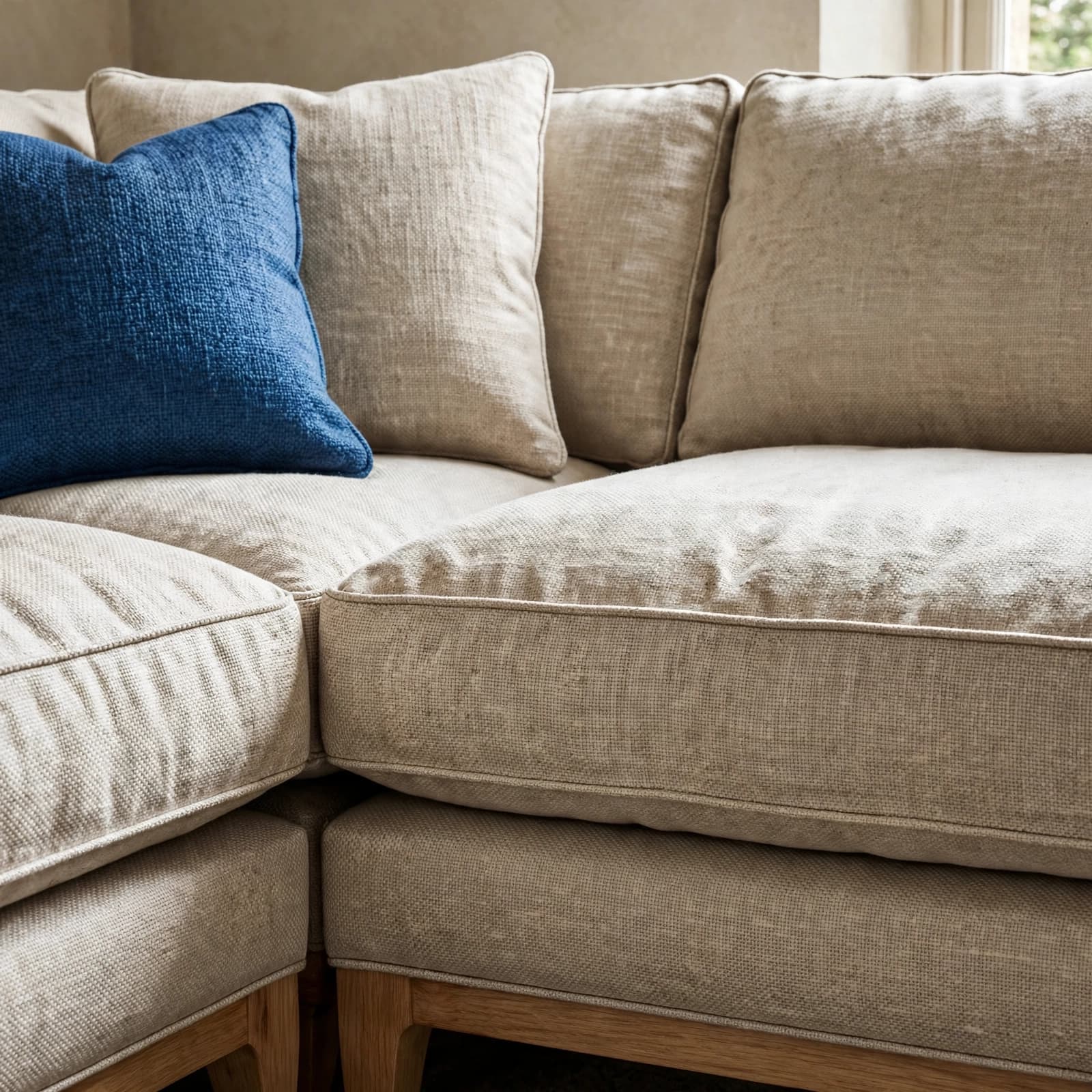 A textured U-shaped sofa with a blue cushion and visible timber feet.