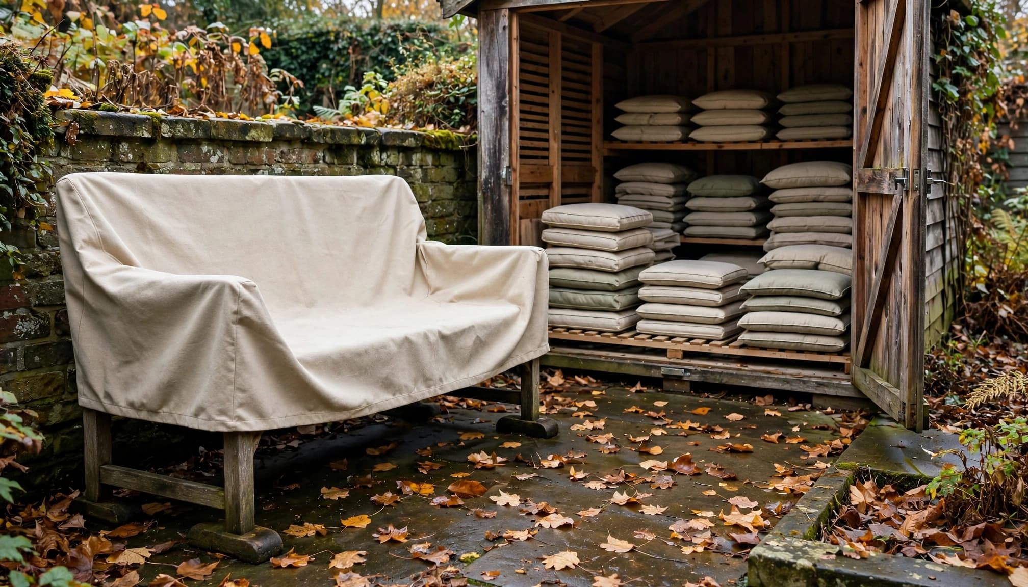 A covered garden bench beside stored cushions, damp paving, and fallen autumn leaves.