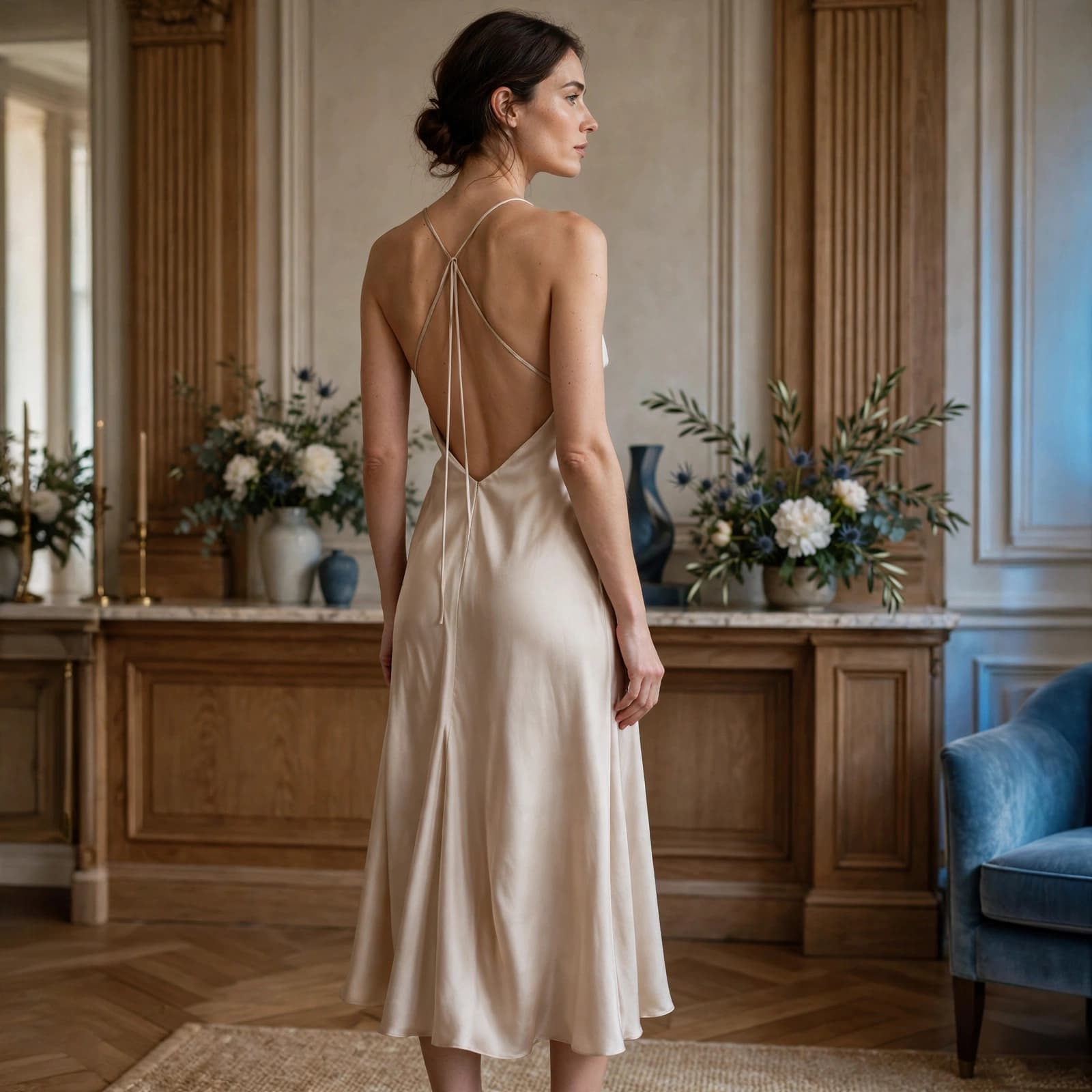 A woman wearing a backless cream midi dress stands in an elegant room.
