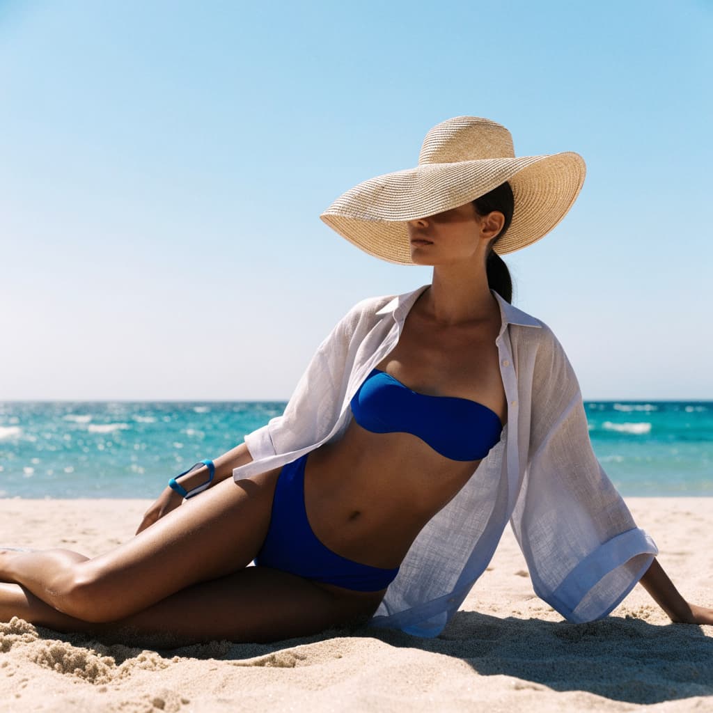 A woman in a blue bikini and open white shirt sits on a sandy beach wearing a wide-brimmed hat.