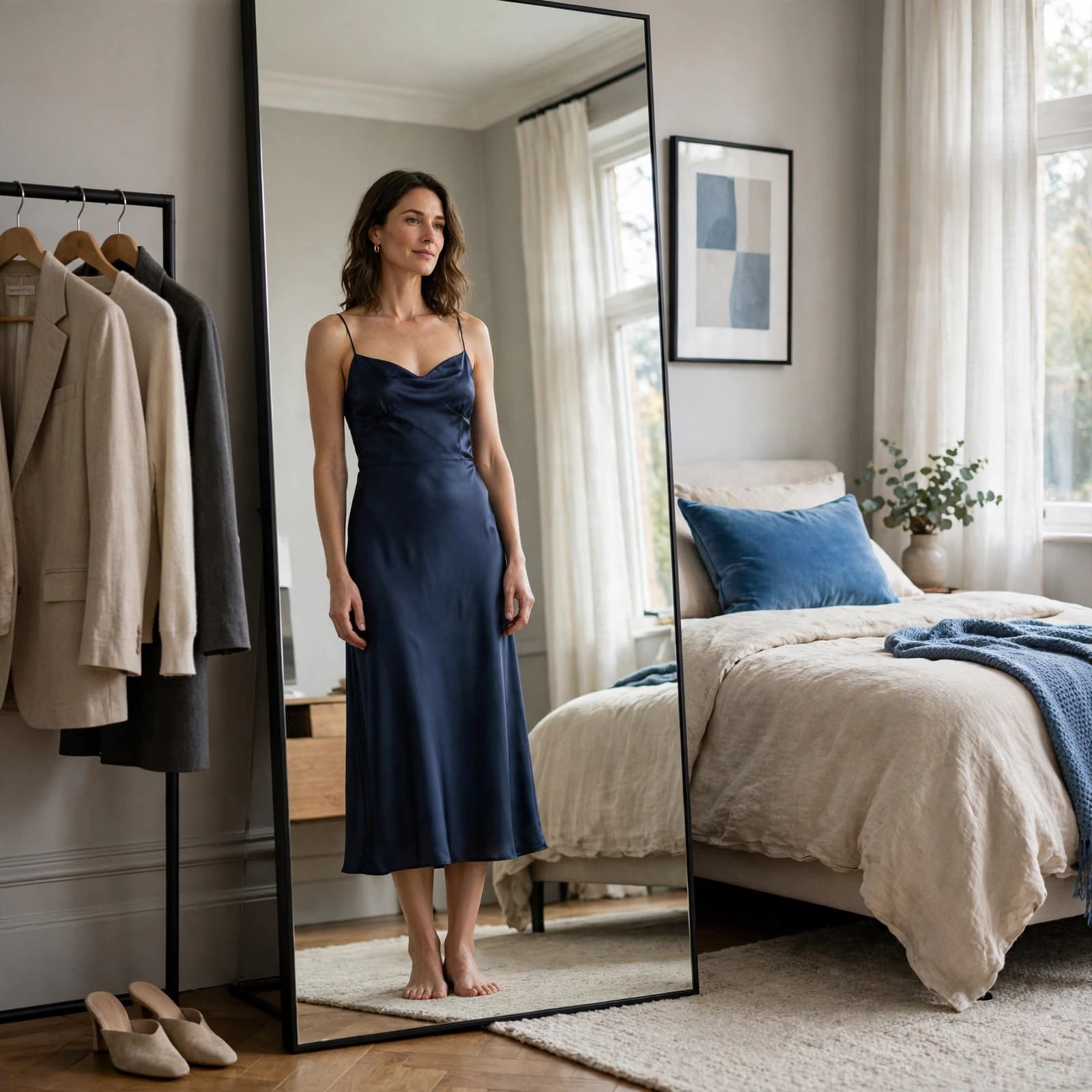 Birthday Dress Buying Guide: Fit, Fabric and Value 3 A woman in a blue slip dress looks in a full-length mirror in a bedroom.