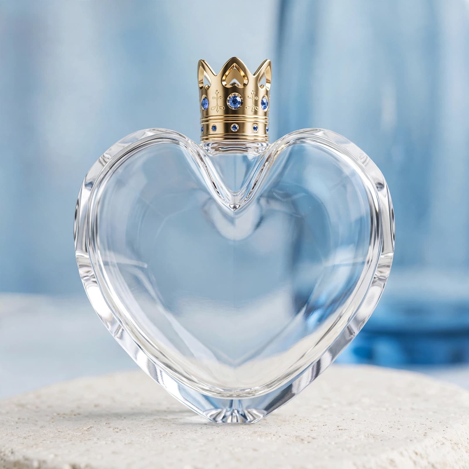 A clear heart-shaped perfume bottle with a crown-like cap on a pale stone surface.