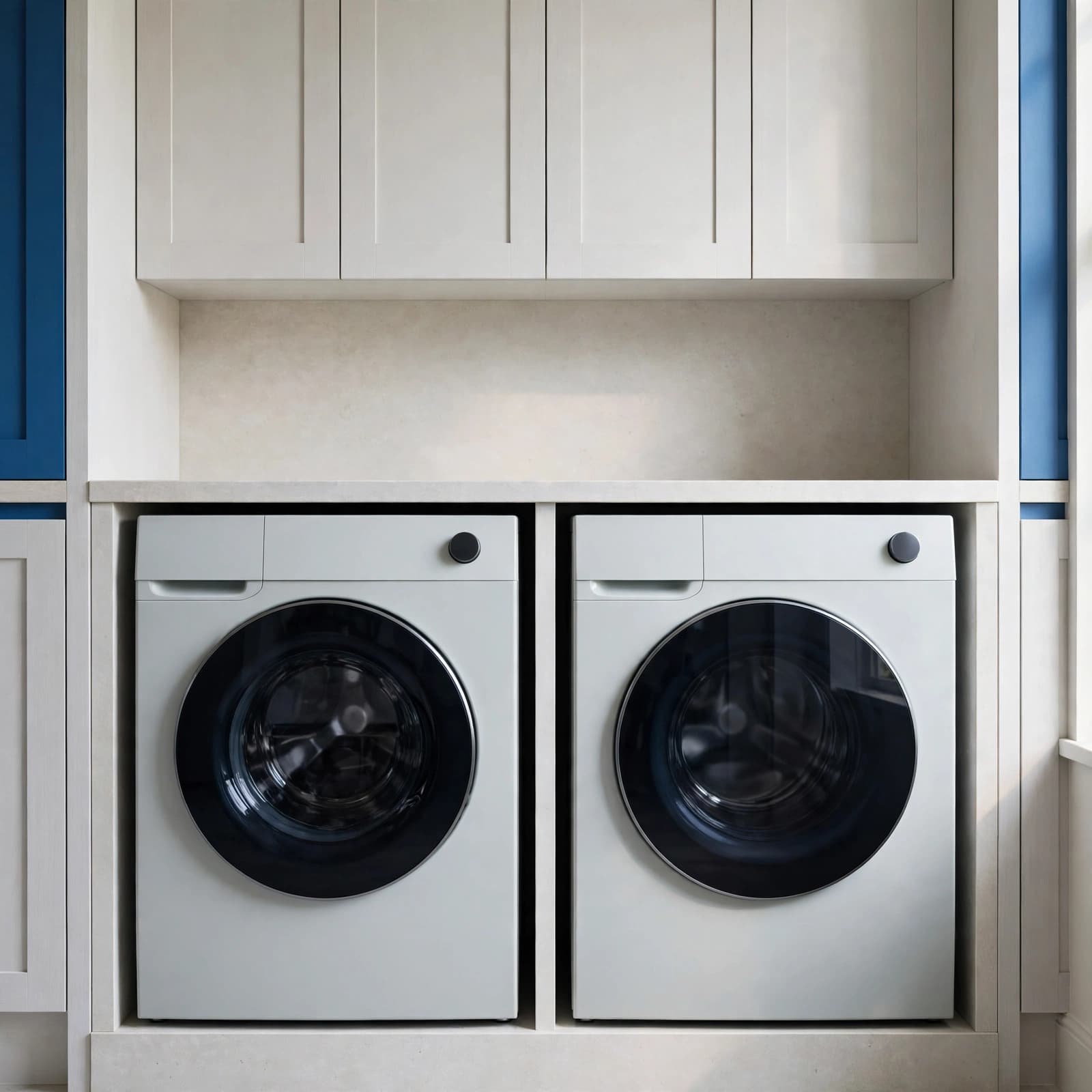 A modern utility room with side-by-side washing machine and dryer under white cabinets.