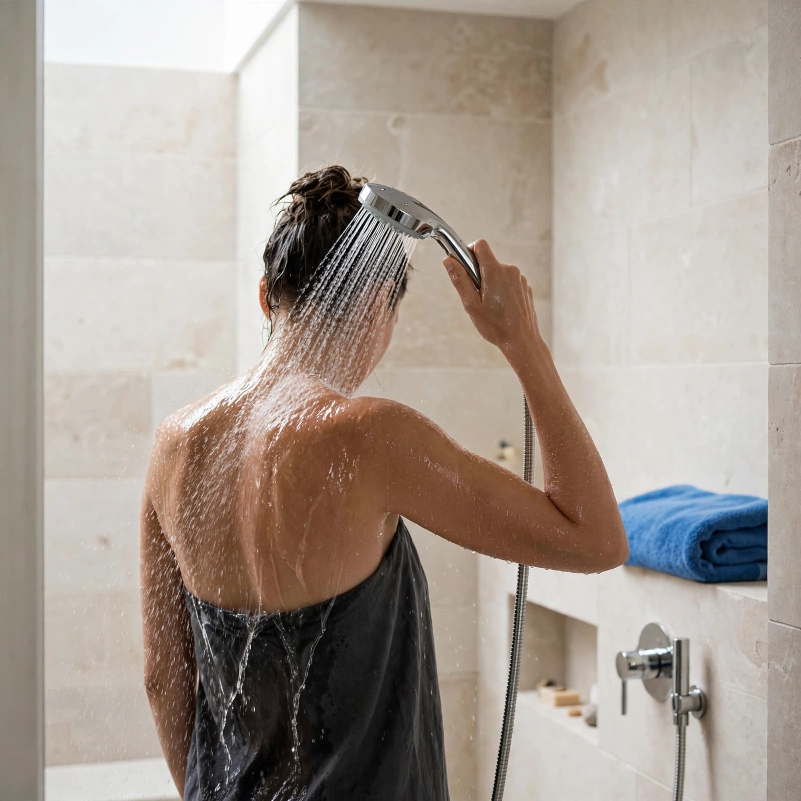 A person seen from behind holding a handheld shower head in a modern stone bathroom.