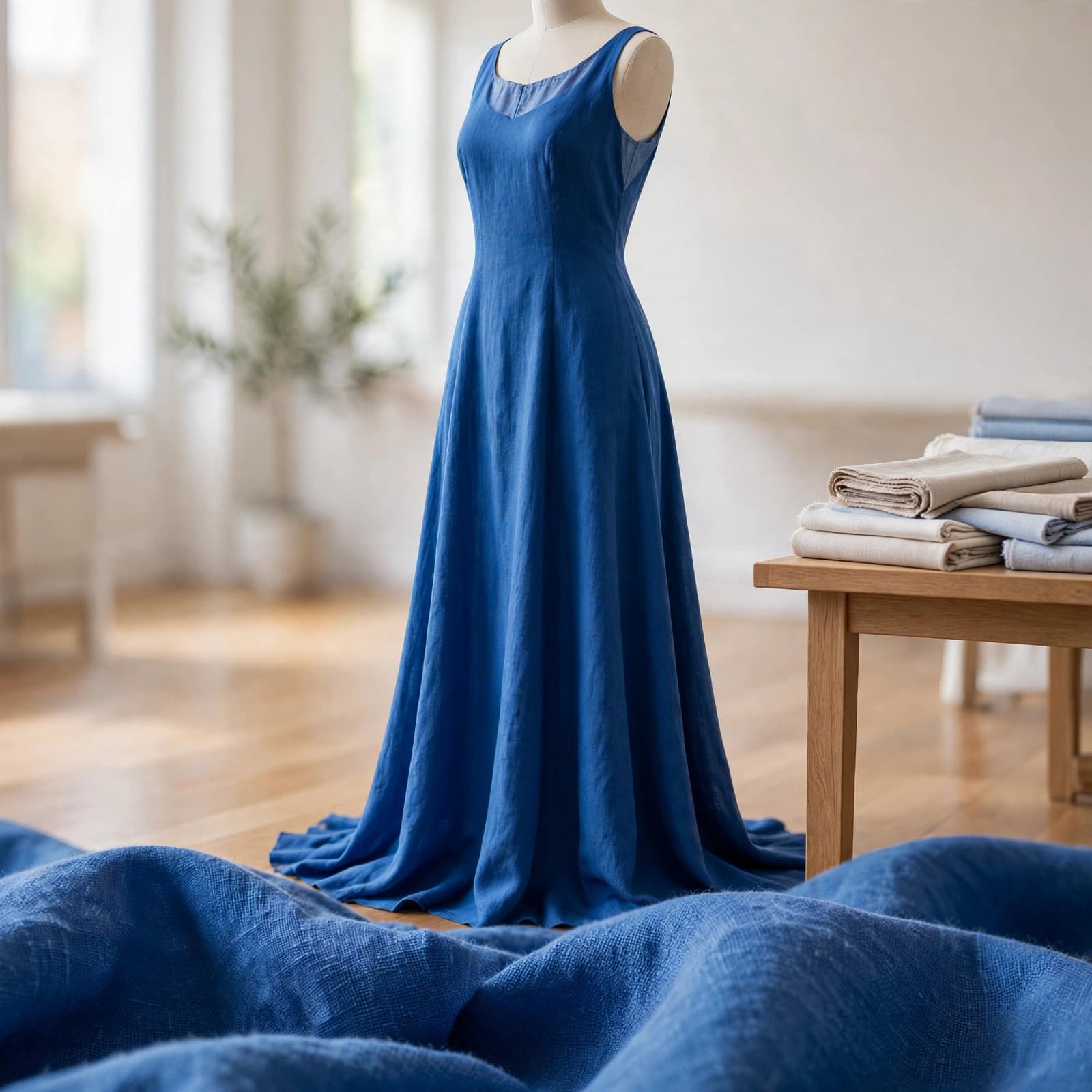 Long Dresses for Women: How to Choose Your Next Dress 2 A blue long dress on a dress form beside folded fabric swatches.