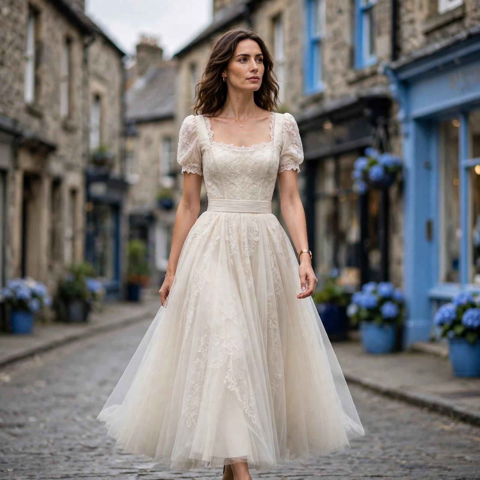 Princess Dress Buying Guide: Fit, Fabric and Value 2 A woman in a cream-coloured princess dress walks down a historic stone street.
