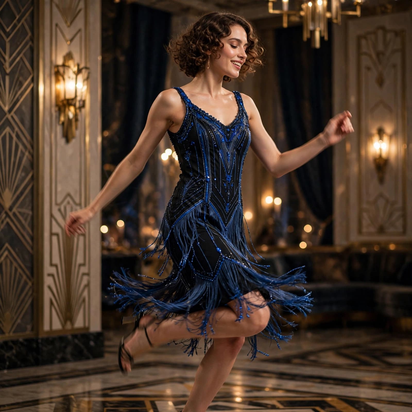 Flapper Dress Buying Guide: Fit, Quality and Value 1 A woman in a blue and black flapper dress dancing in a ballroom.