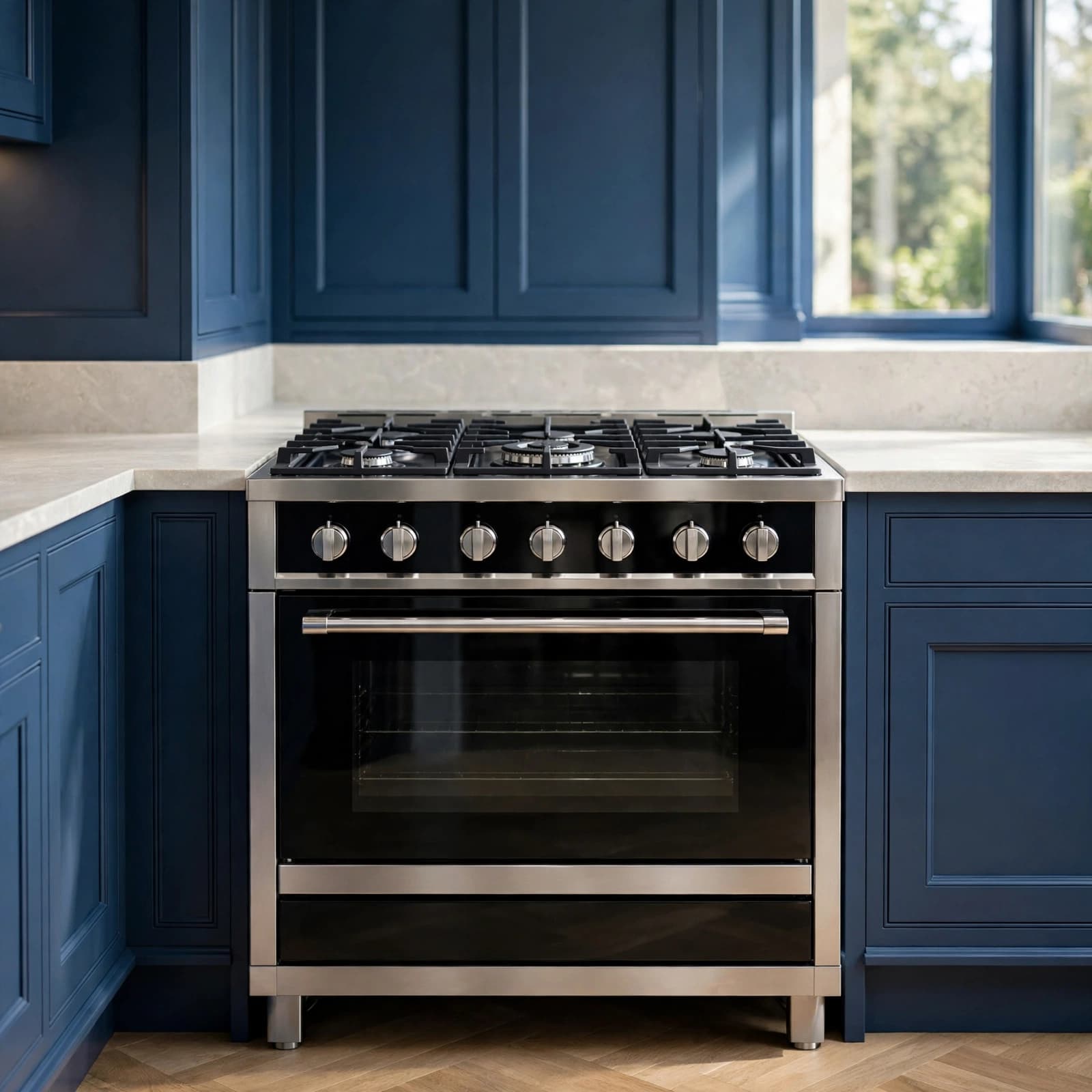 A modern gas cooker set in a kitchen with deep blue cabinets and pale stone countertops.