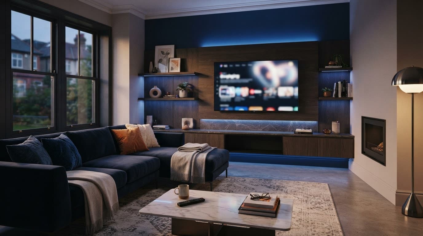 A blue-lit living room with a sofa facing one television.