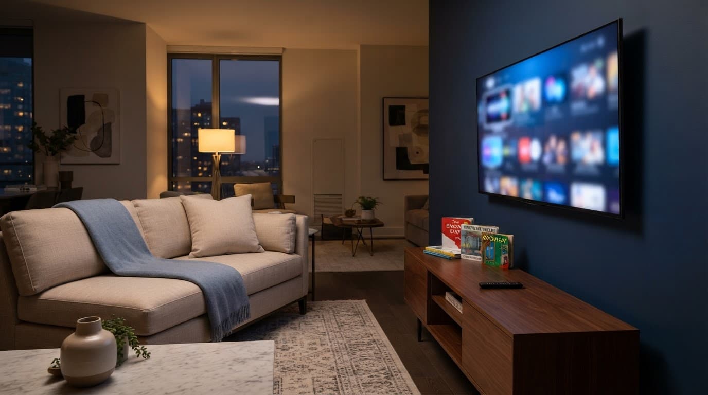 Modern living room with a television, sofa, children's books, and blue accent lighting.
