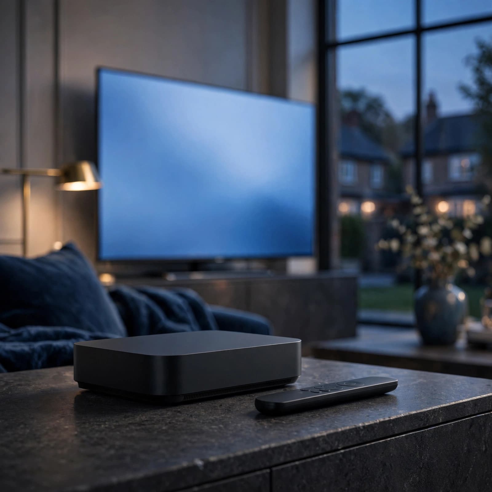 A compact streaming box and slim remote on a dark stone surface in a contemporary lounge.