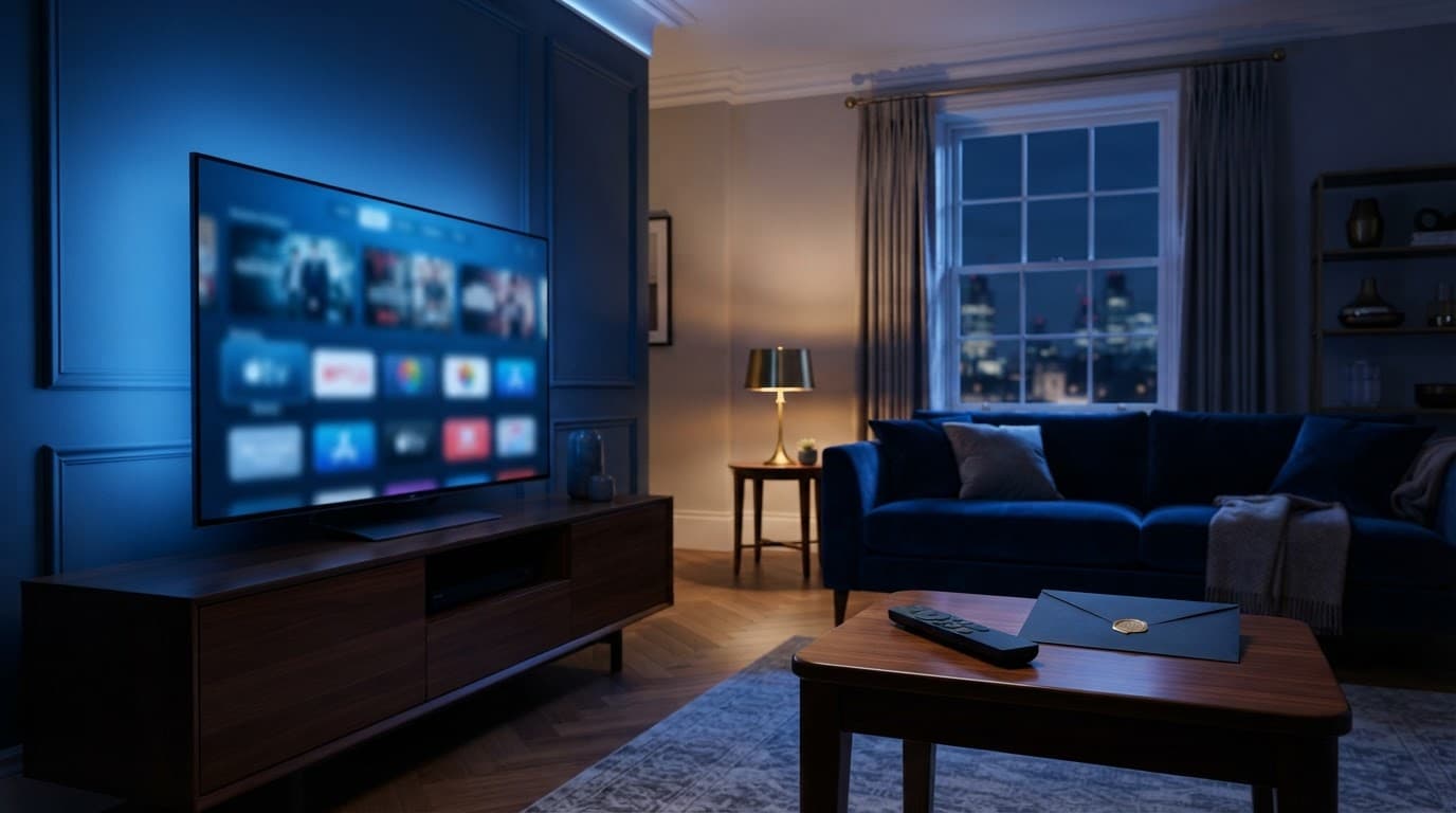 Luxury living room with a TV, gift envelope, and remote on a side table.