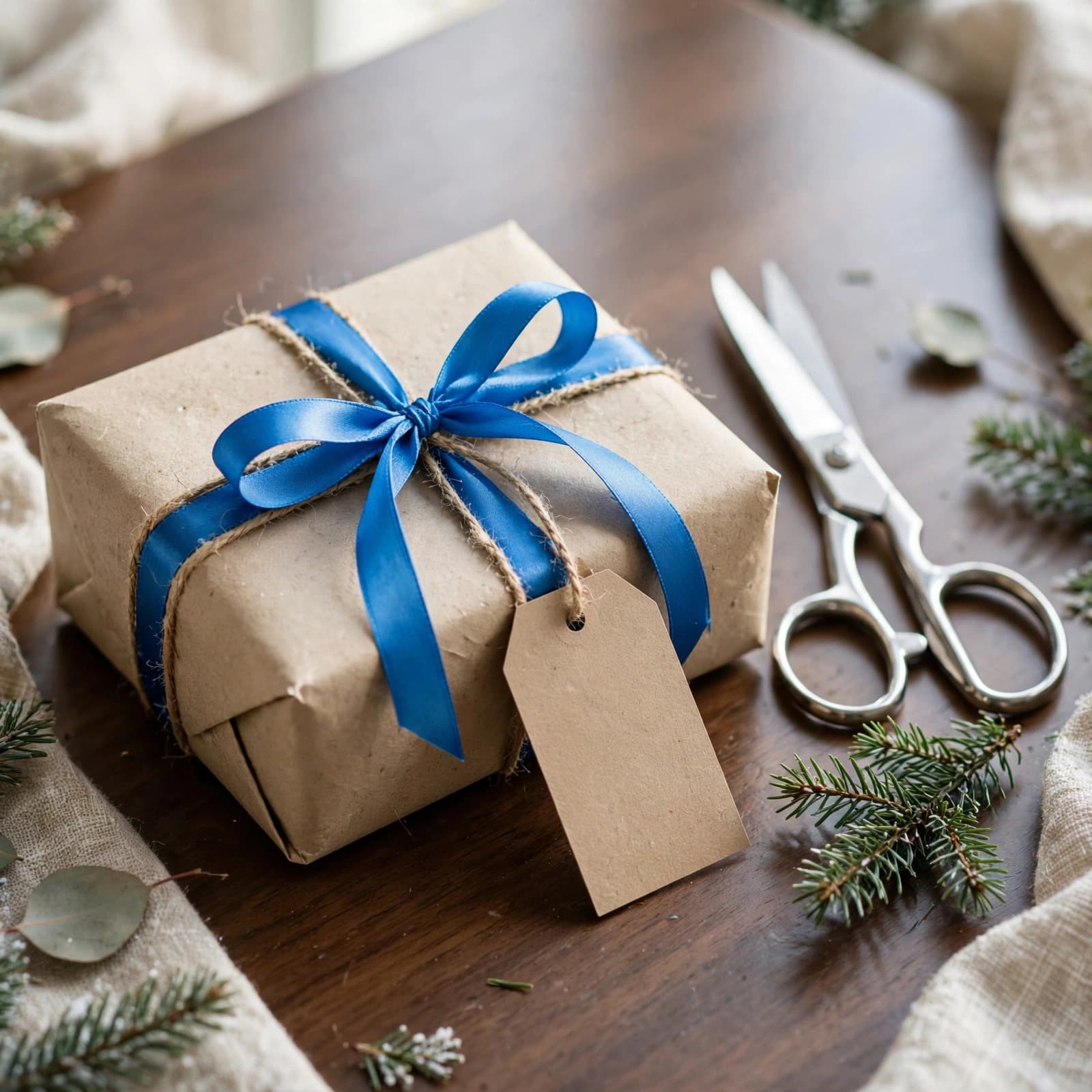 A wrapped gift with a blue ribbon, blank tag, scissors, and evergreen sprig.