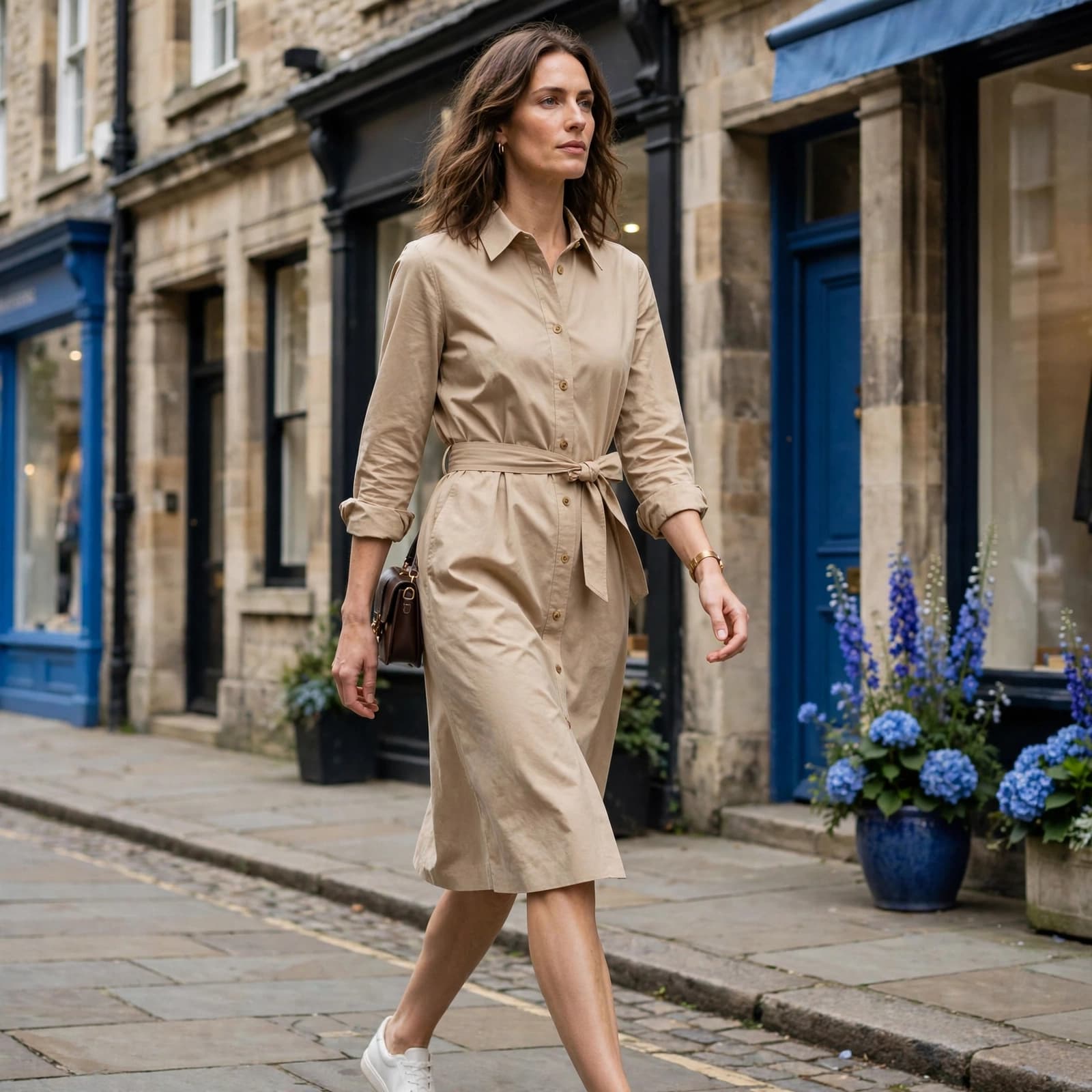 Shirt Dress Buying Guide: Fit, Fabric and Value 1 A woman in a beige shirt dress walking along a stone-paved UK high street.