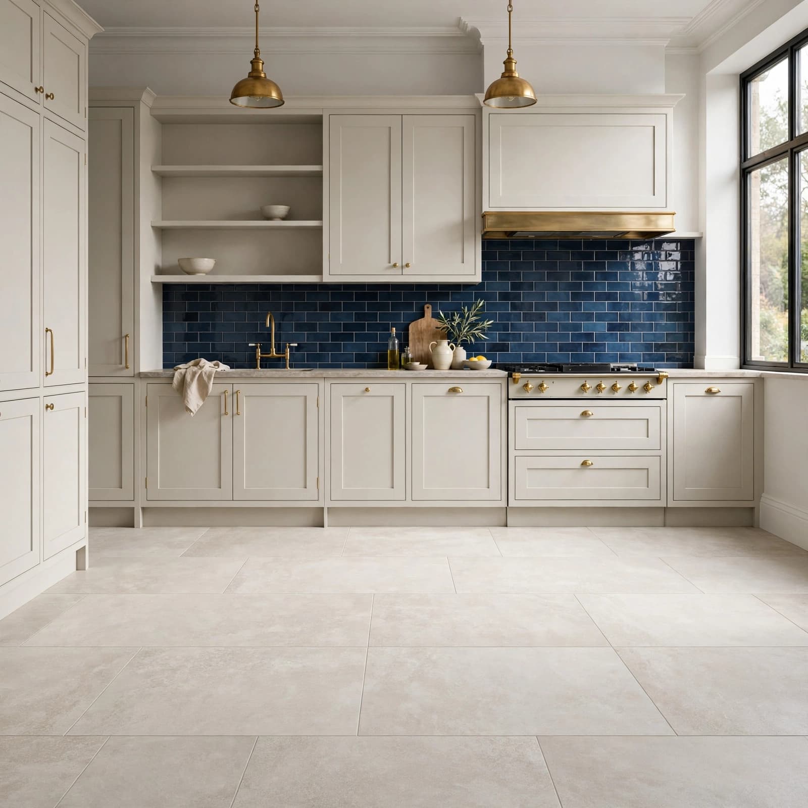 Kitchen Tiles: A Buyer's Guide to Floors and Walls 6 A modern kitchen with pale tiled floors, shaker cabinets, and blue metro tile backsplash.