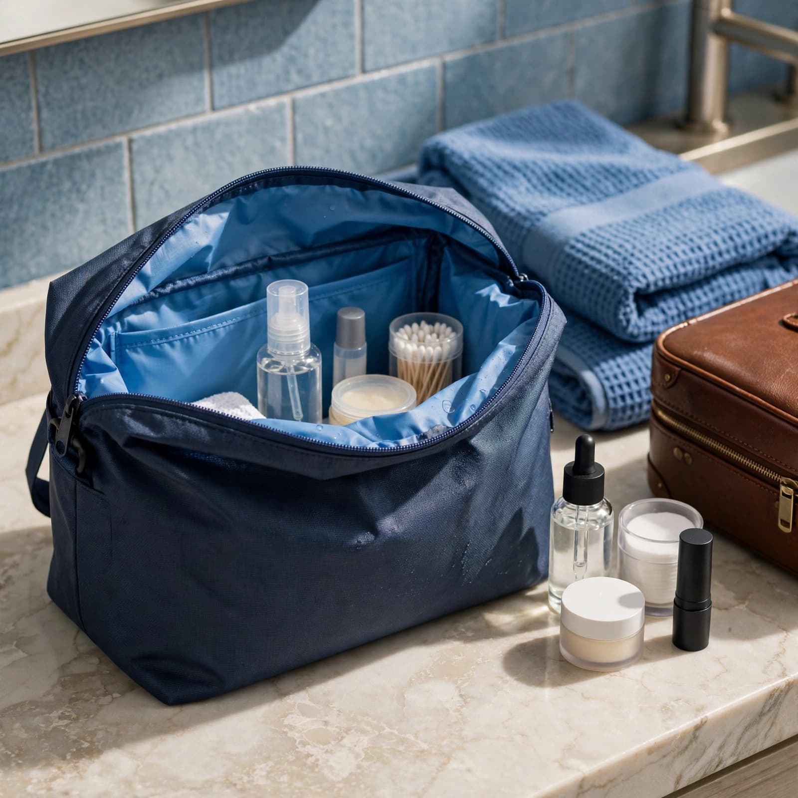 A wide-open navy blue travel bag with toiletry bottles inside, on a hotel bathroom counter.