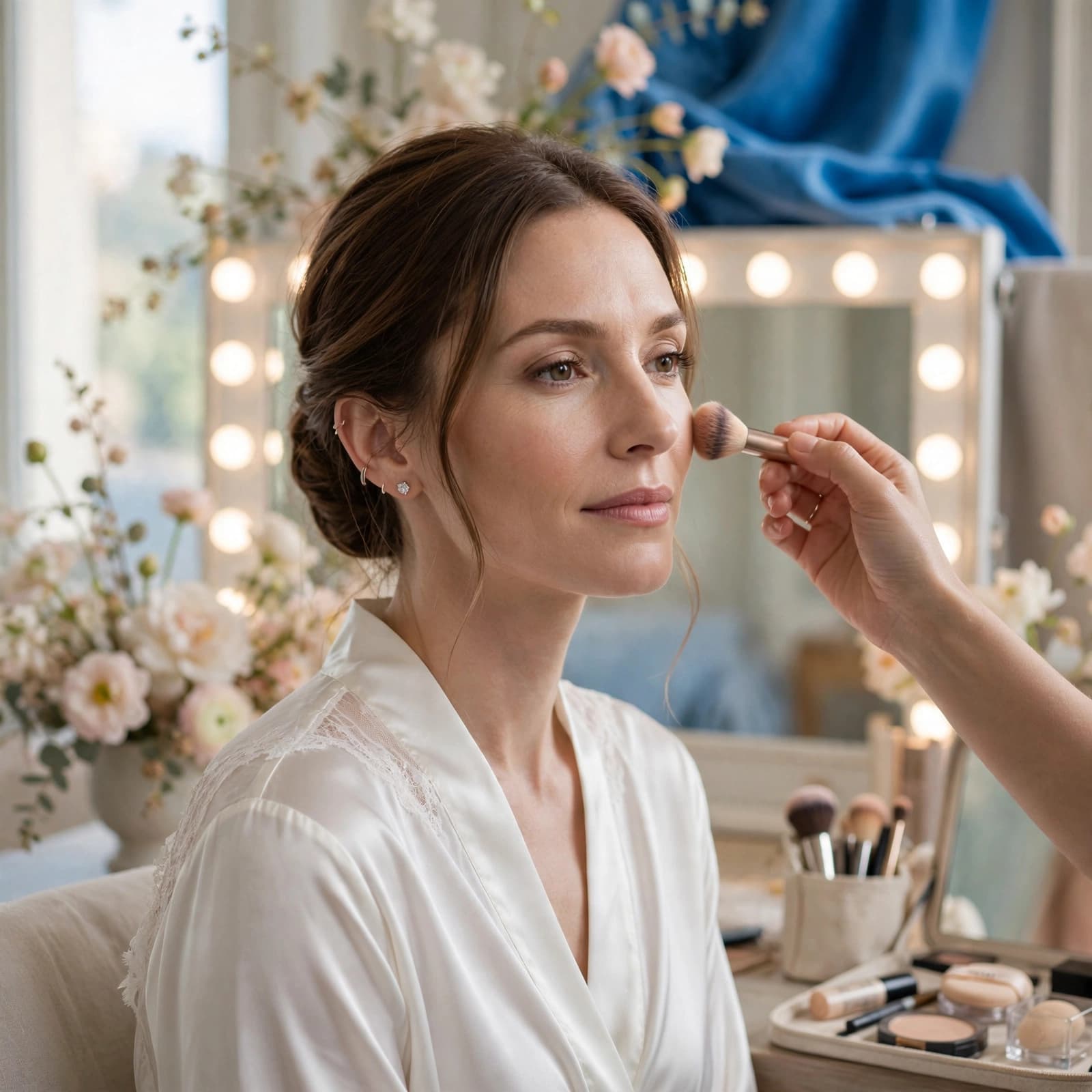 A bride having her makeup applied with a brush in a bright, elegant room.