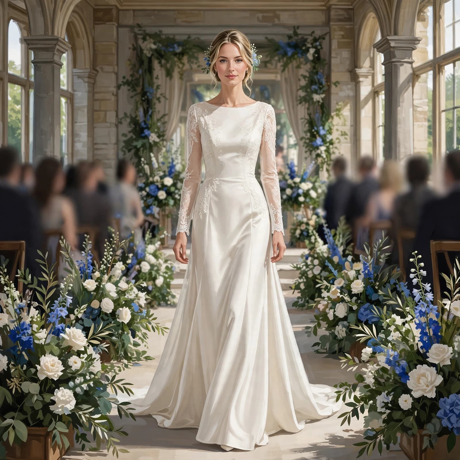 A bride in an elegant white dress walking down a flower-lined aisle.