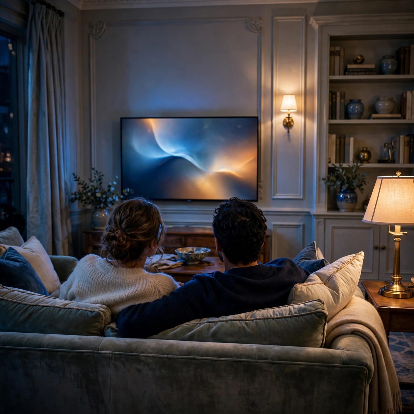 A couple sits together on a plush sofa watching a glowing TV in a cozy living room.