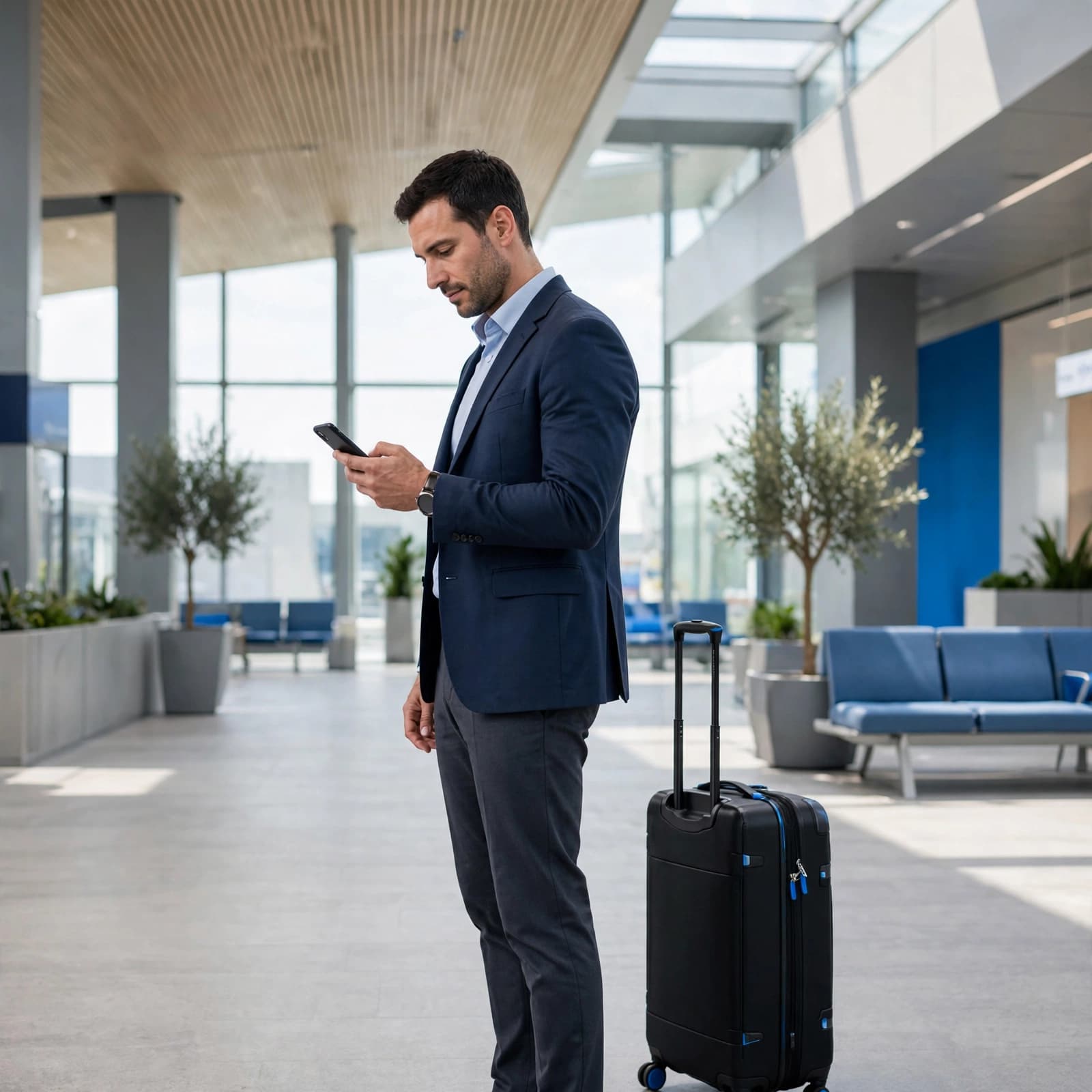 A businessman stands in an airport terminal, looking at his smartphone next to his rolling suitcase.