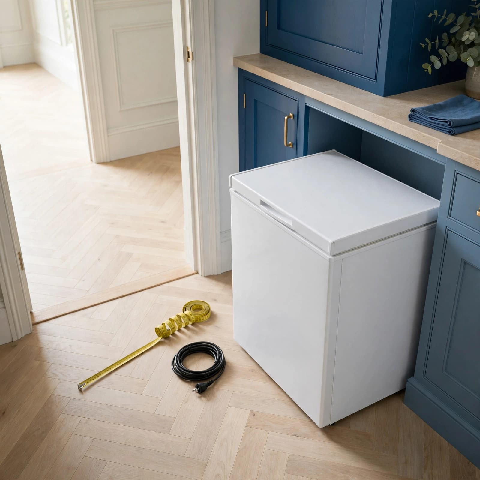 A white chest freezer in a utility room with a yellow measuring tape and a coiled power cable on the wooden floor.