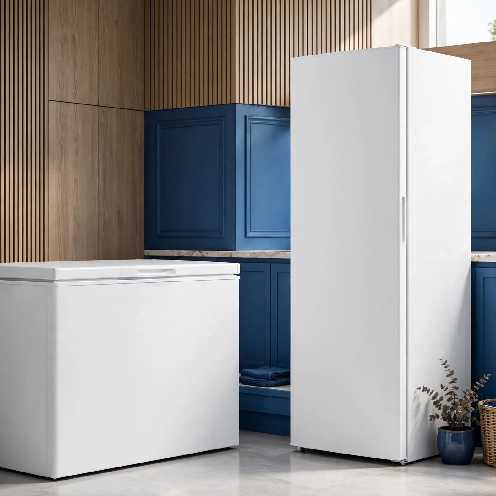 A white chest freezer and a tall upright freezer stand side by side in a modern utility room.