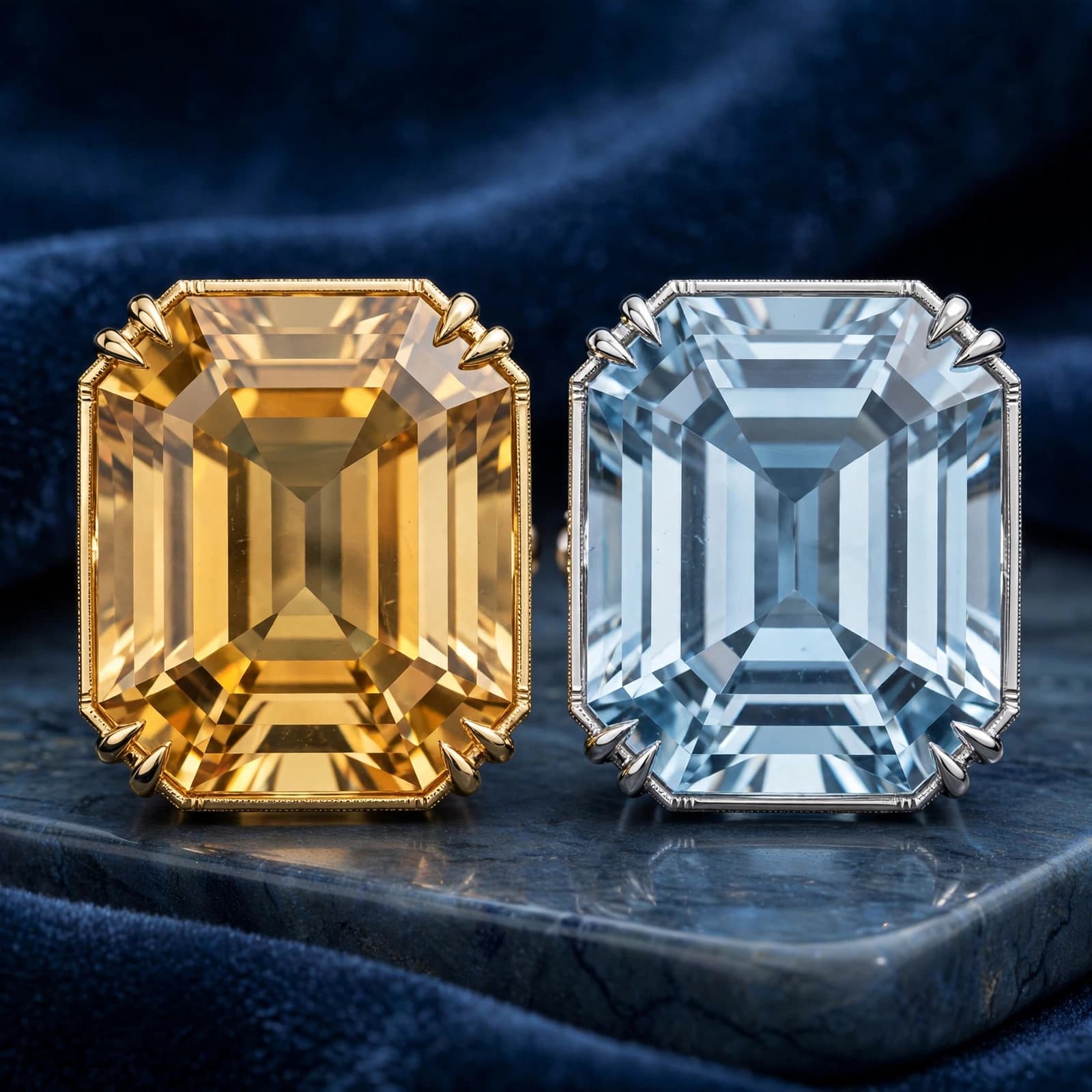 November Birthstone: A UK Guide to Buying Well 2 Close-up of a golden citrine and a pale blue topaz gemstone in fine jewellery settings on dark velvet.