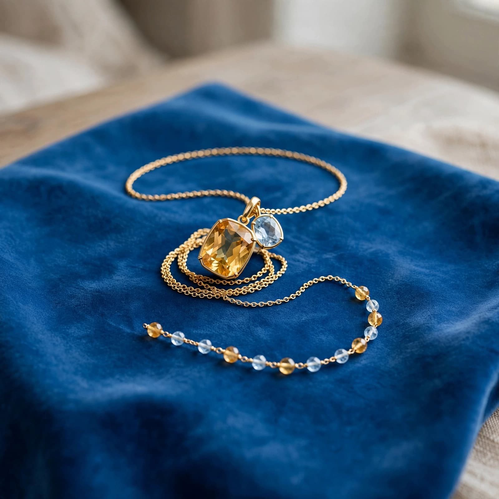 November Birthstone: A UK Guide to Buying Well 3 A gold pendant necklace and delicate gemstone bracelet resting on a deep blue cloth.