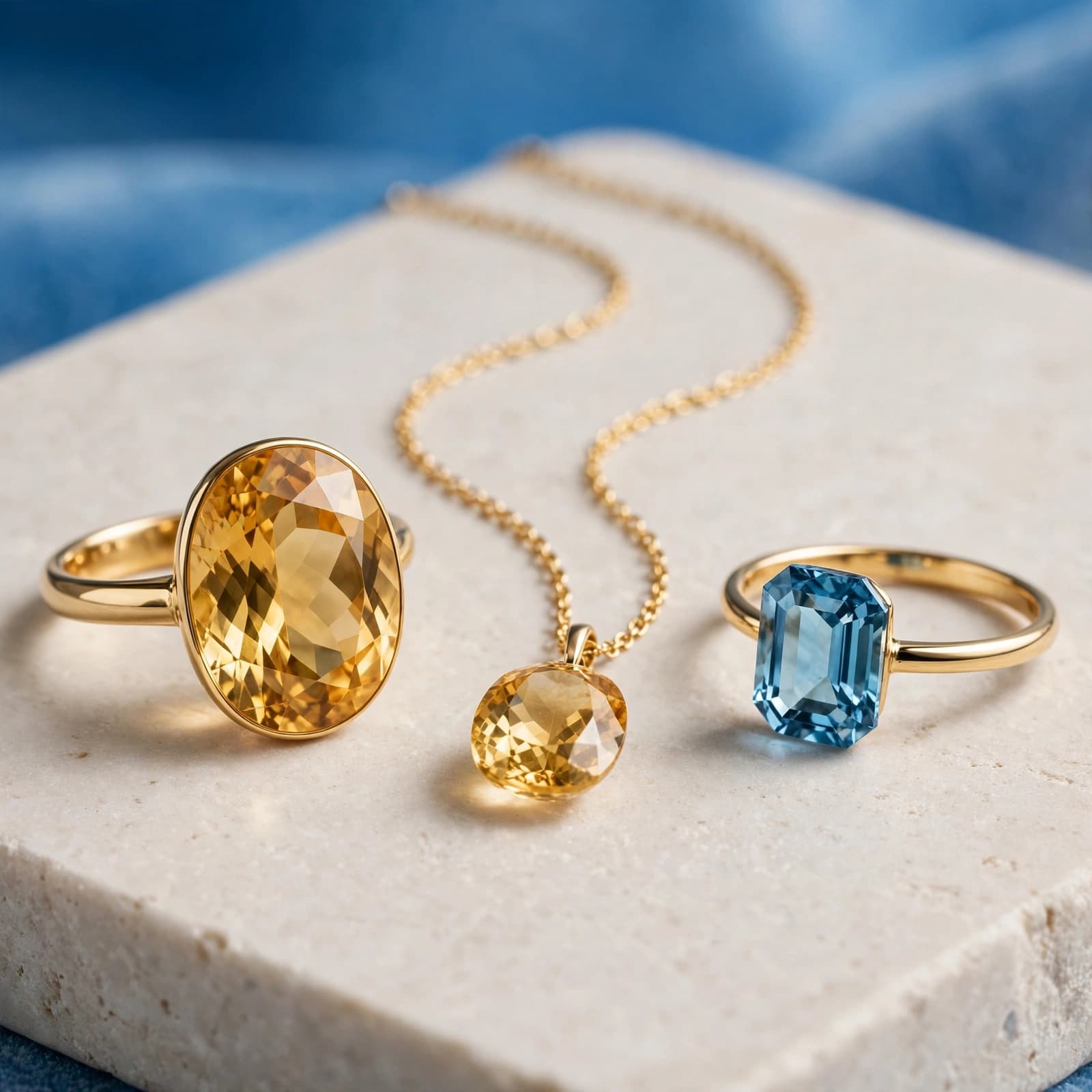 November Birthstone: A UK Guide to Buying Well 1 A golden citrine ring, necklace, and blue topaz ring on a pale display.
