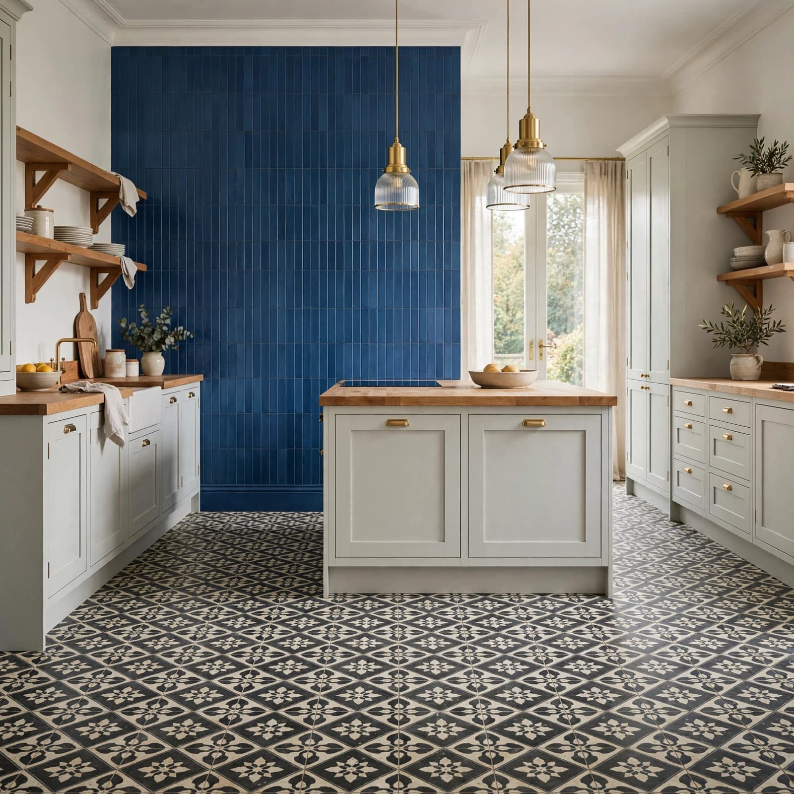 Kitchen Tiles: A Buyer's Guide to Floors and Walls 8 A contemporary kitchen with geometric patterned floor tiles and a blue tiled backsplash.