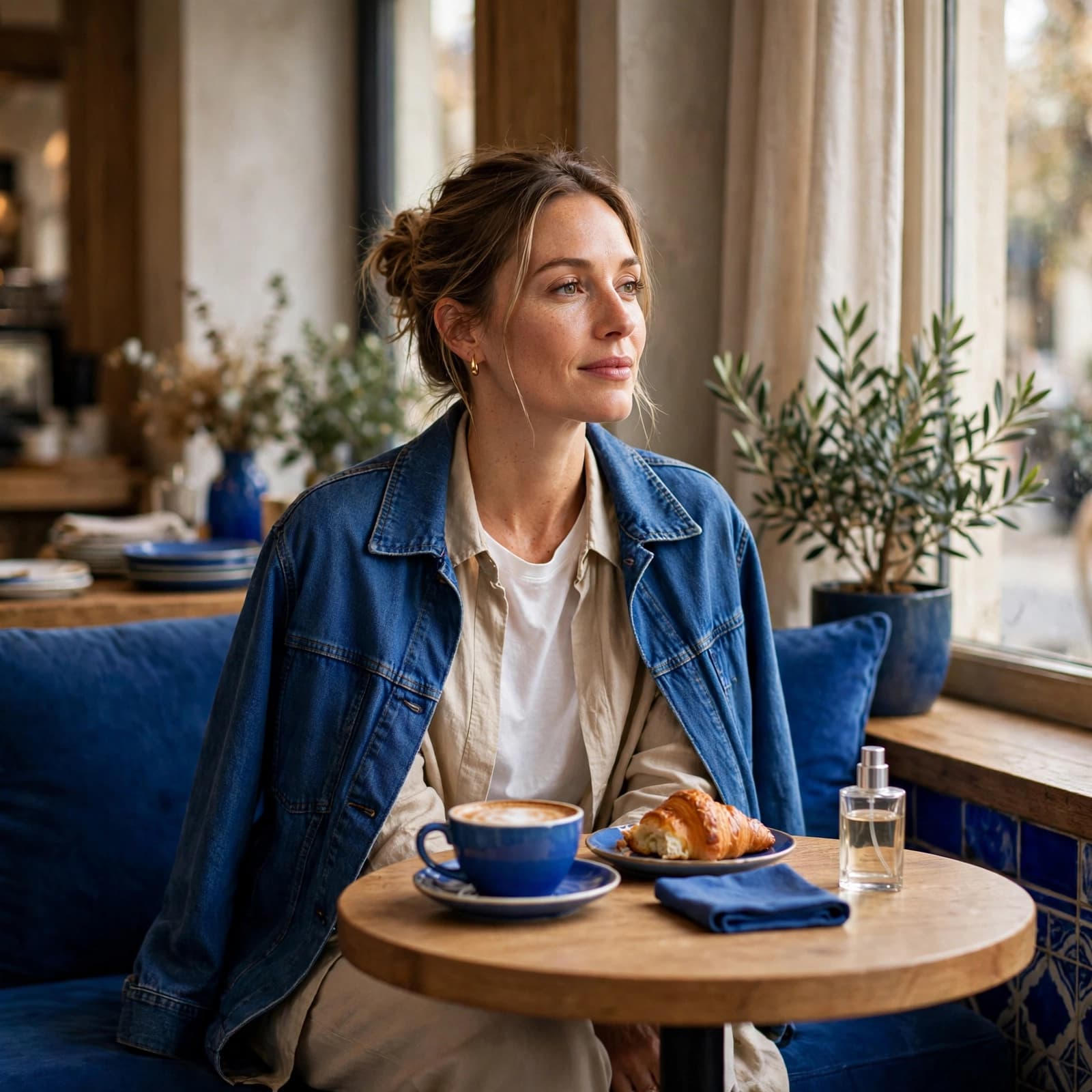 A woman sits at a café table beside a small perfume bottle.